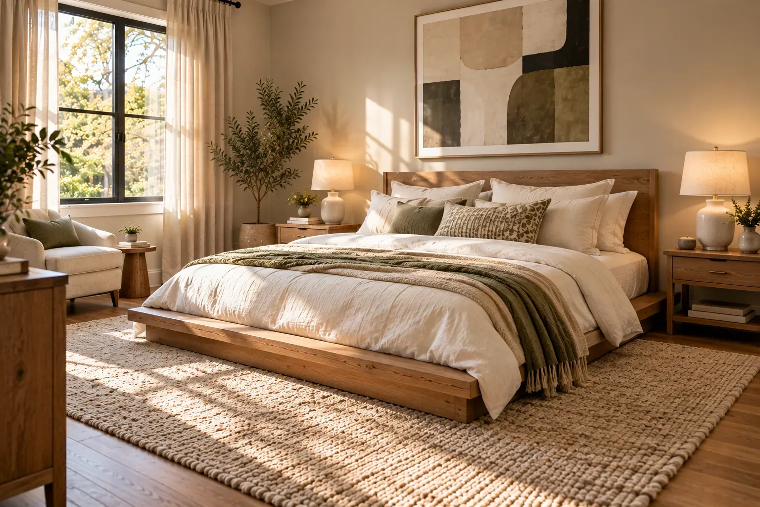 Warm residential bedroom featuring low oak platform bed and cream duvet, abstract wall art, wool