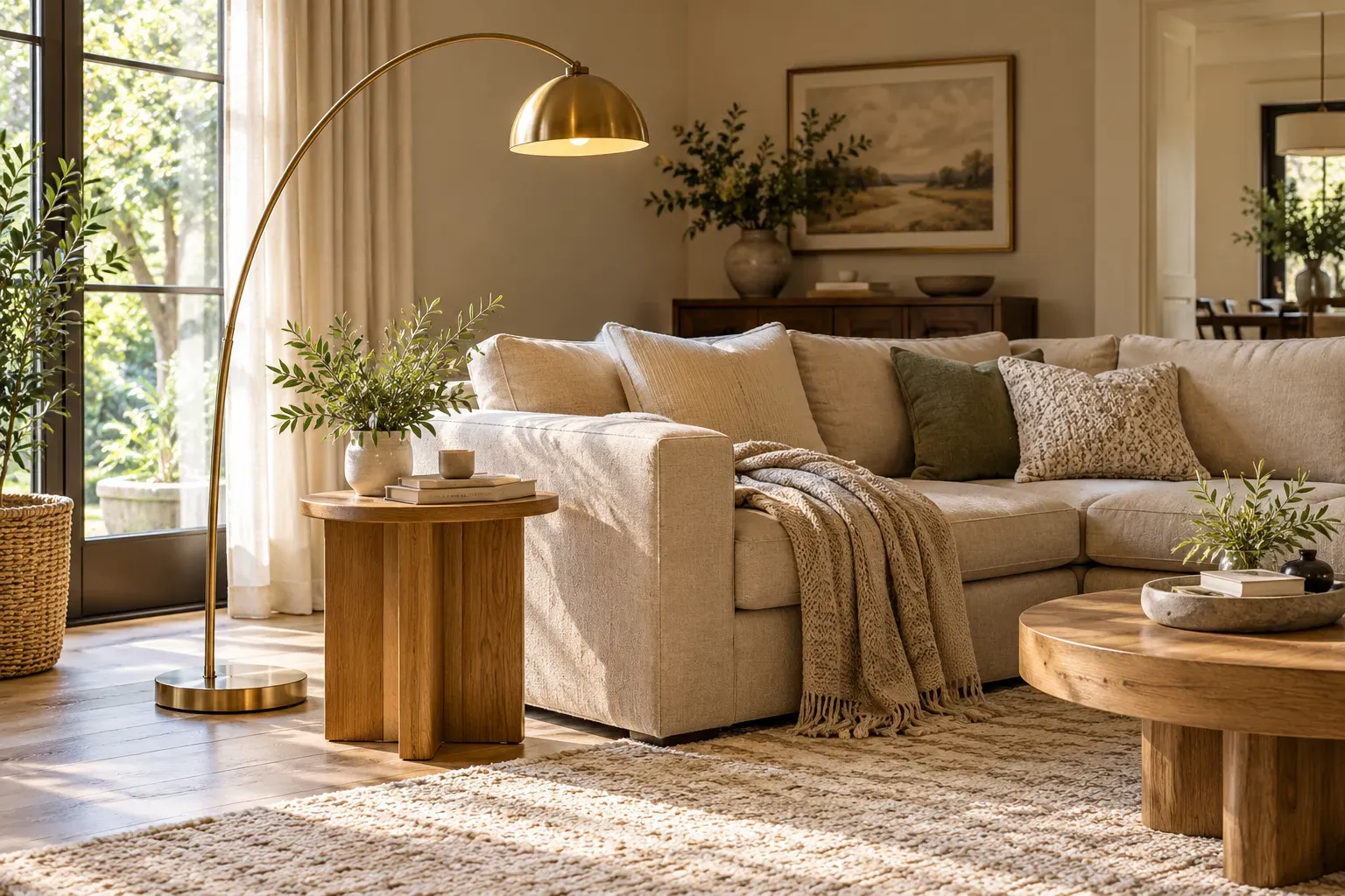 Slim brass arc lamp over a beige sofa in a welcoming, naturally lit contemporary residential