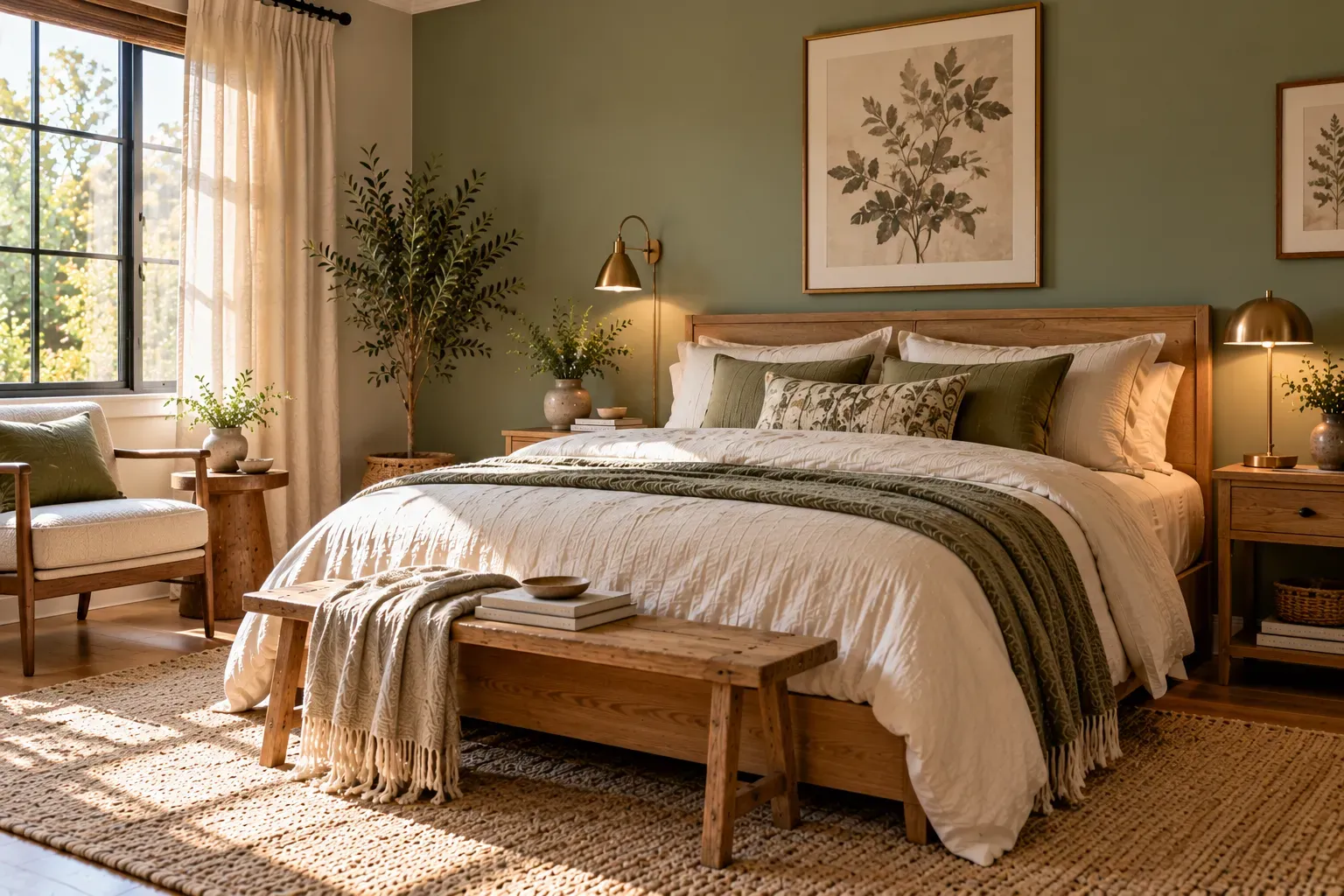 Realistic master bedroom showing choose soft sage accents with comfortable furnishings and natural daylight