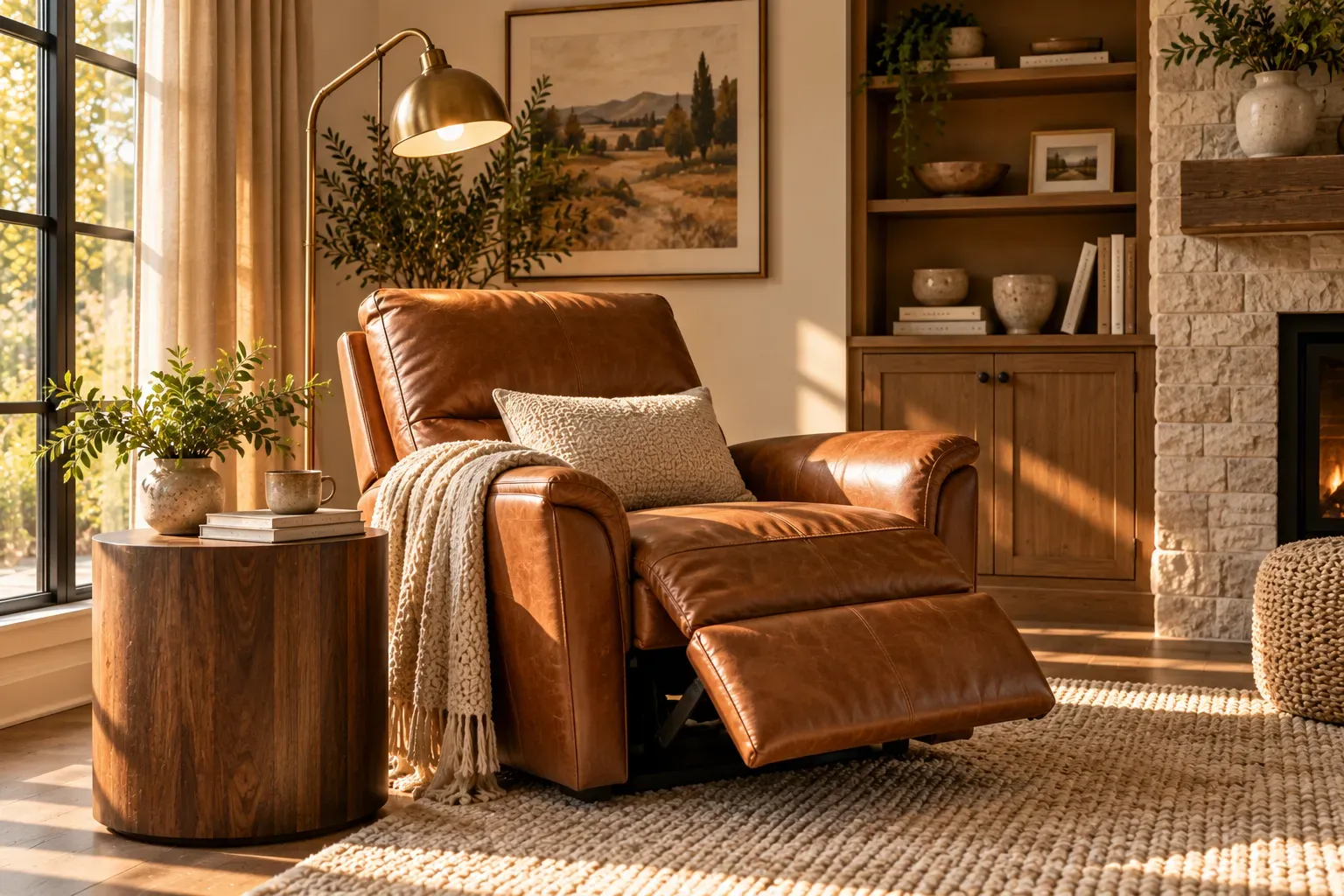 Cognac leather recliner with wooden side table and warm reading lamp