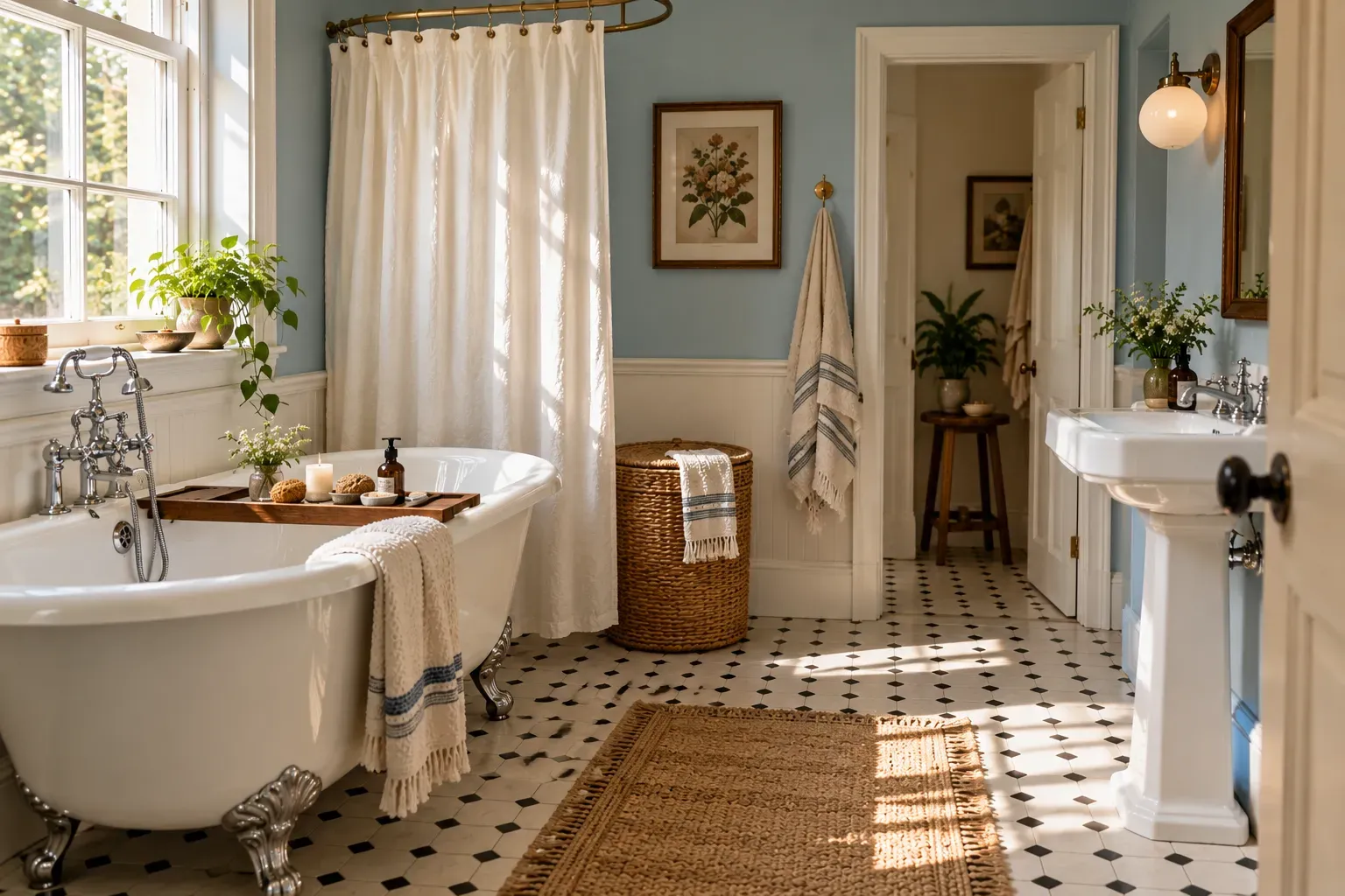 Retro bathroom with vintage clawfoot tub in a simple room and practical vintage inspired fixtures