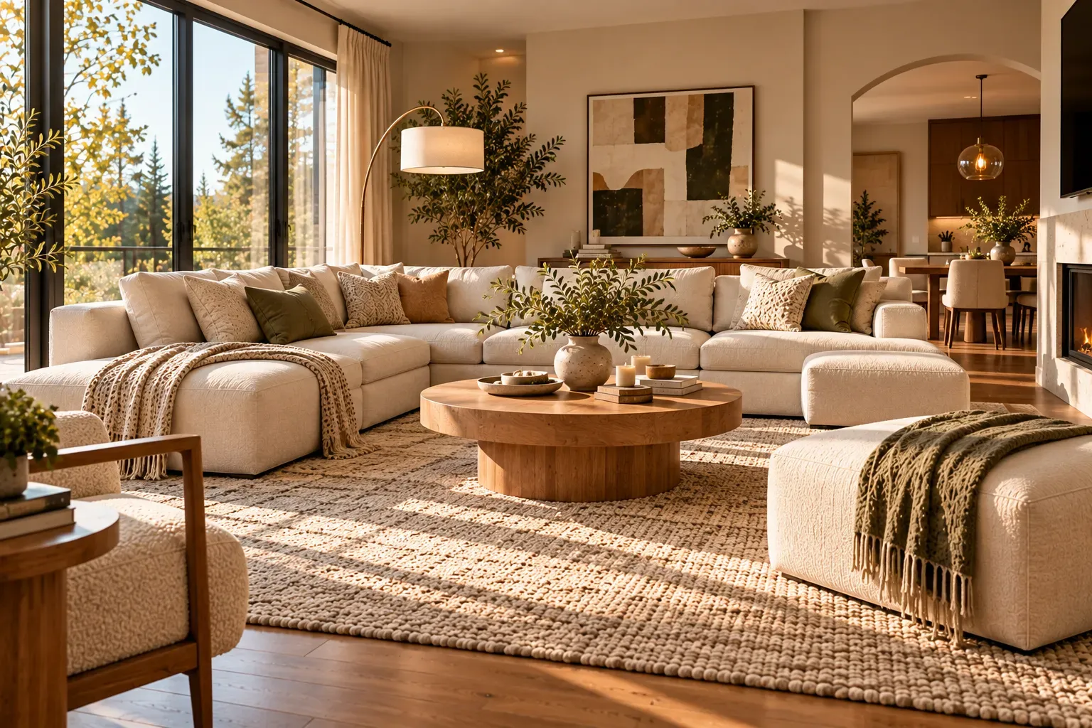Large modular cream sofa with flexible seating arrangement and modern living room accessories