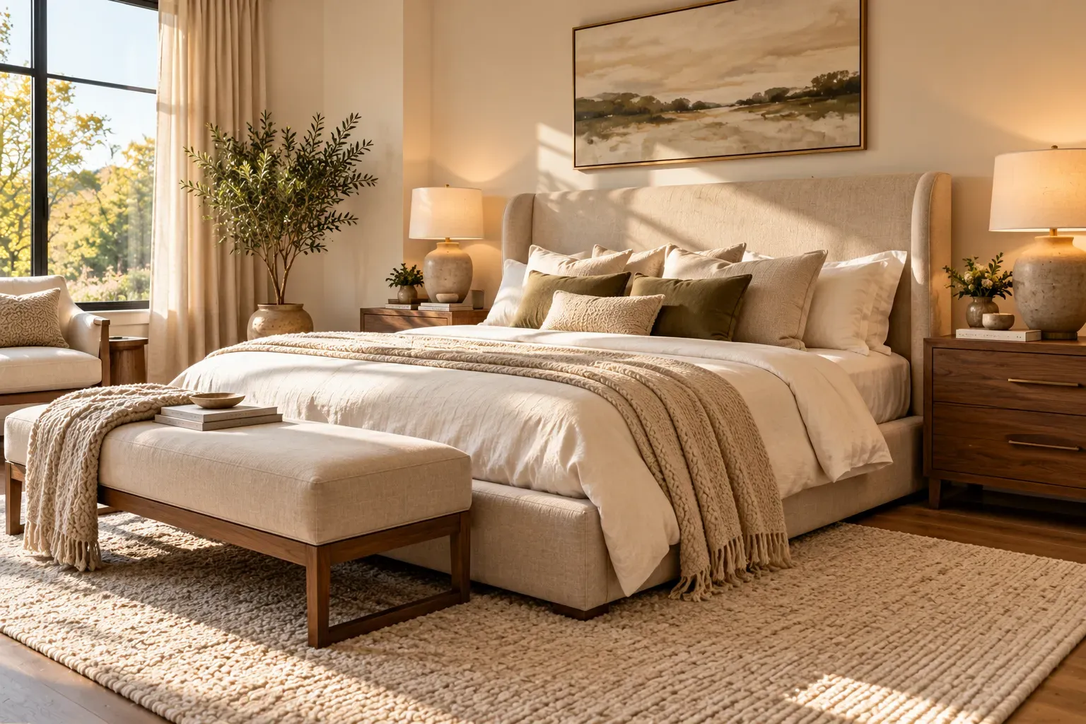 Beige upholstered platform bed with walnut nightstands and layered luxury bedding