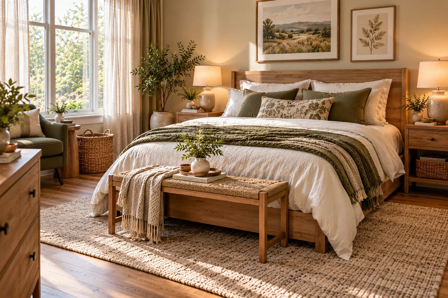 Photorealistic queen bedroom showing coordinate colors and materials without matching everything with practical furniture