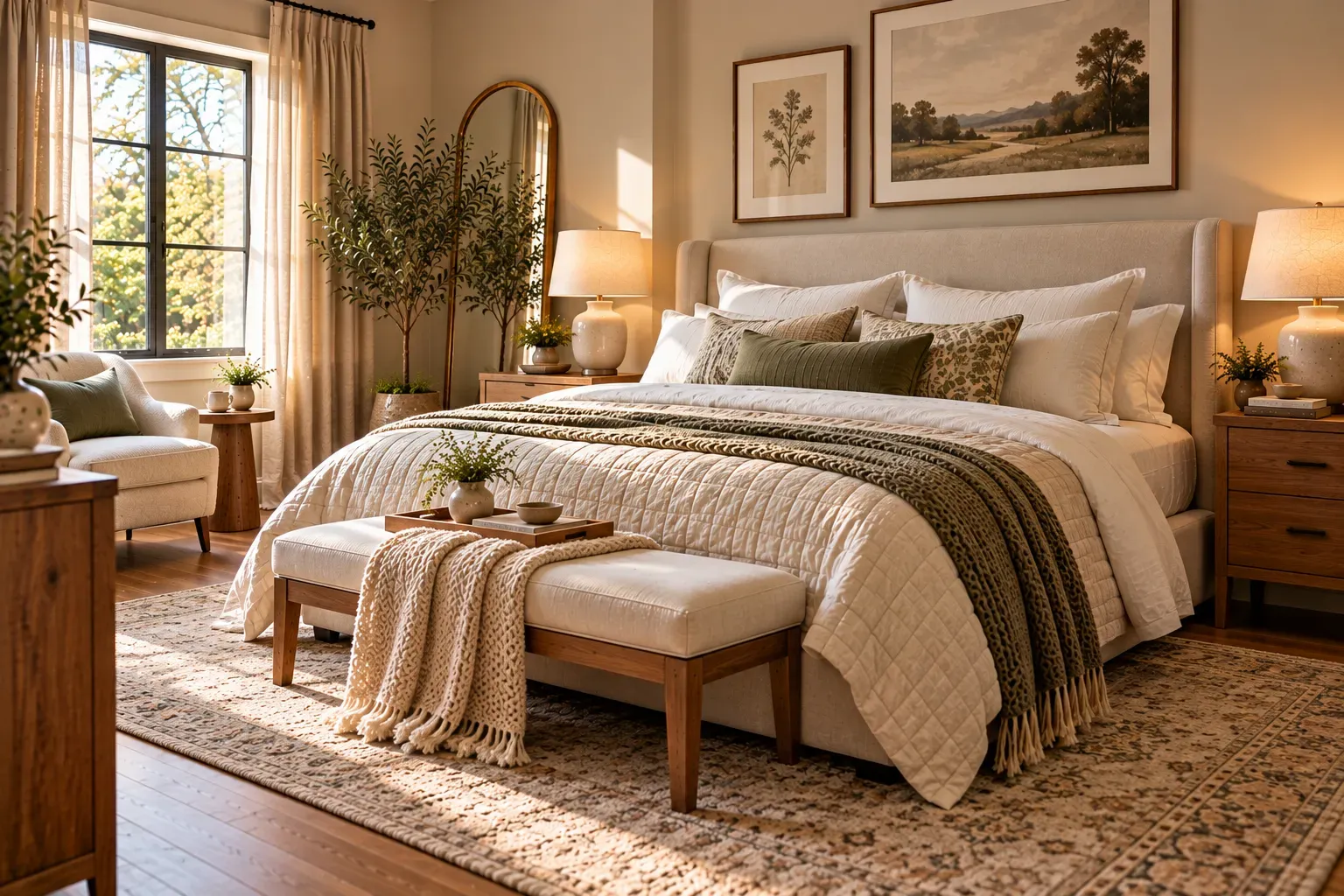 Warm residential bedroom featuring cotton bedding and quilted coverlet, knitted throw, upholstered headboard in natural