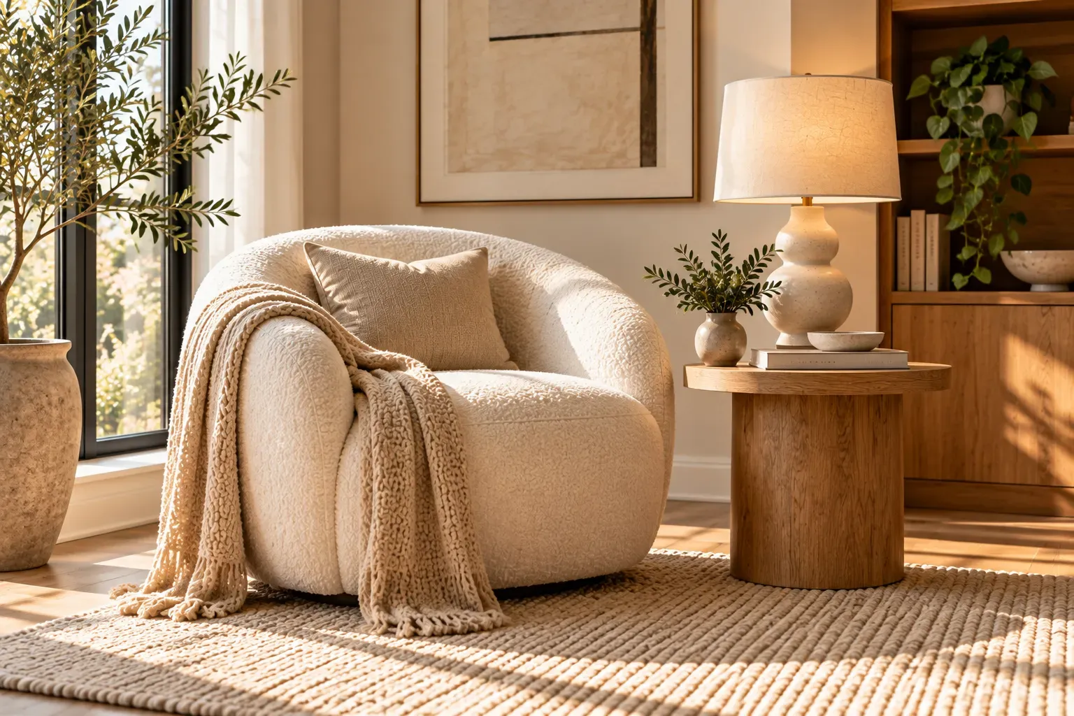 Cream bouclé accent chair with oak side table and cozy neutral reading corner