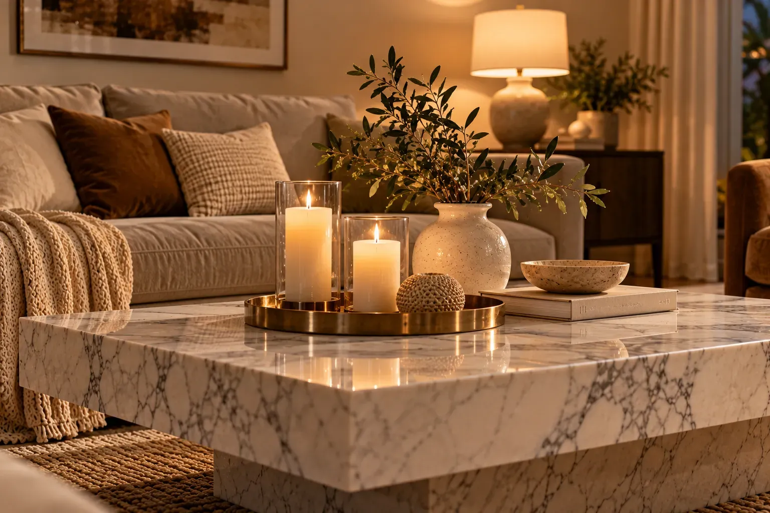 Marble coffee table with layered ivory pillar candles and warm ambient living room lighting for a cozy luxury atmosphere