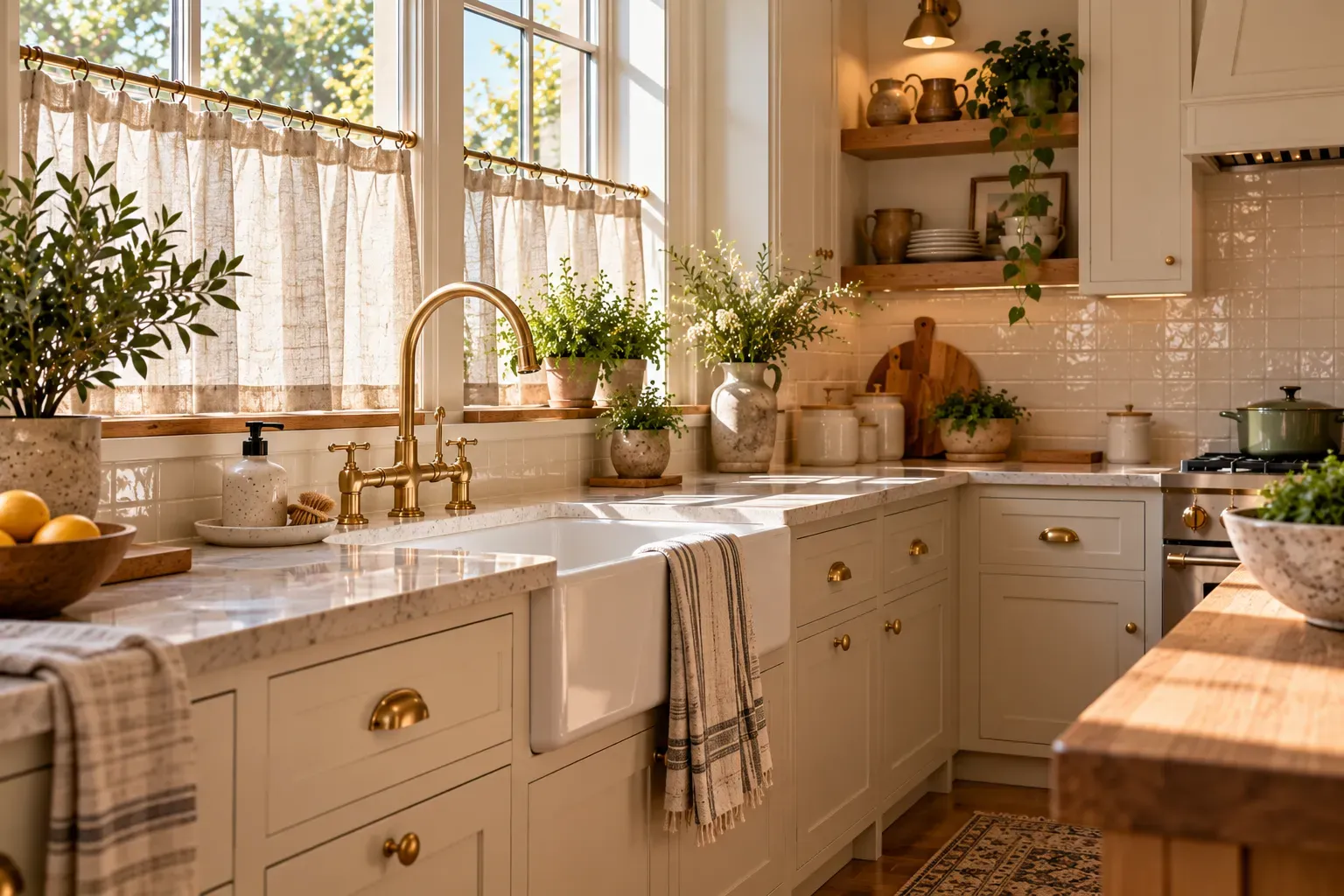 Cozy kitchen with linen cafe curtain and natural daylight in a lived-in home