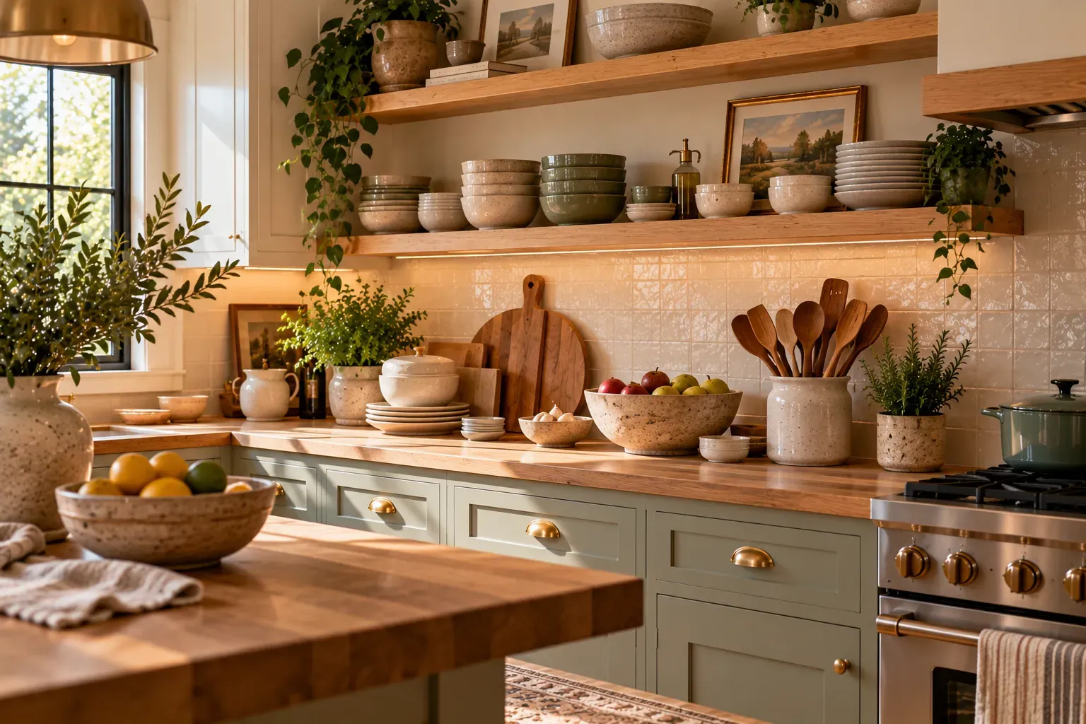 Cozy kitchen with handmade ceramic bowls and natural daylight in a lived-in home