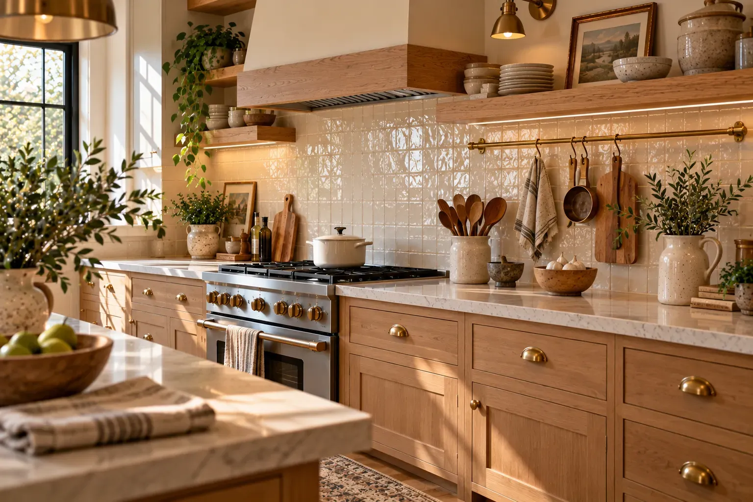 Cozy kitchen with glazed cream backsplash tile and natural daylight in a lived-in home