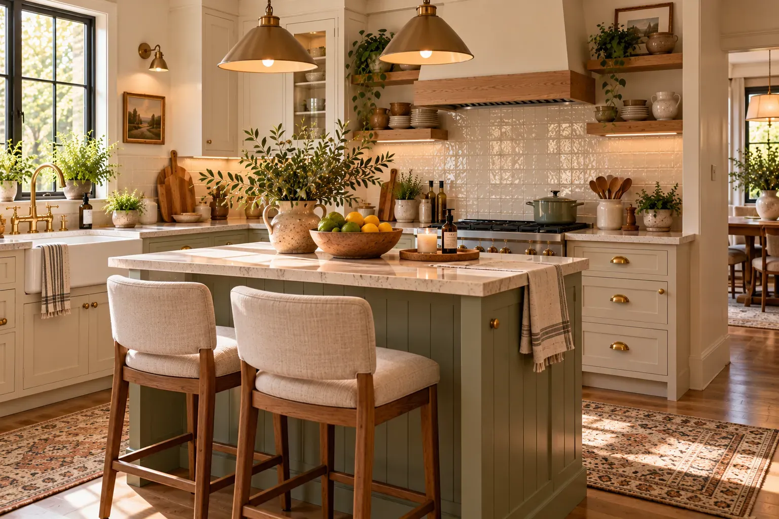 Cozy kitchen with compact kitchen island and natural daylight in a lived-in home