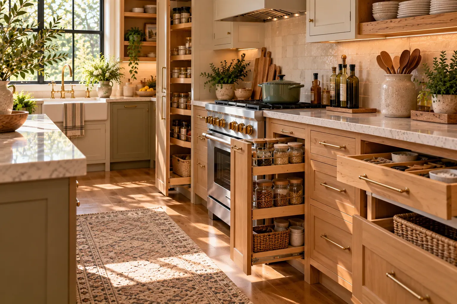 Cozy kitchen with pull-out pantry drawer and natural daylight in a lived-in home