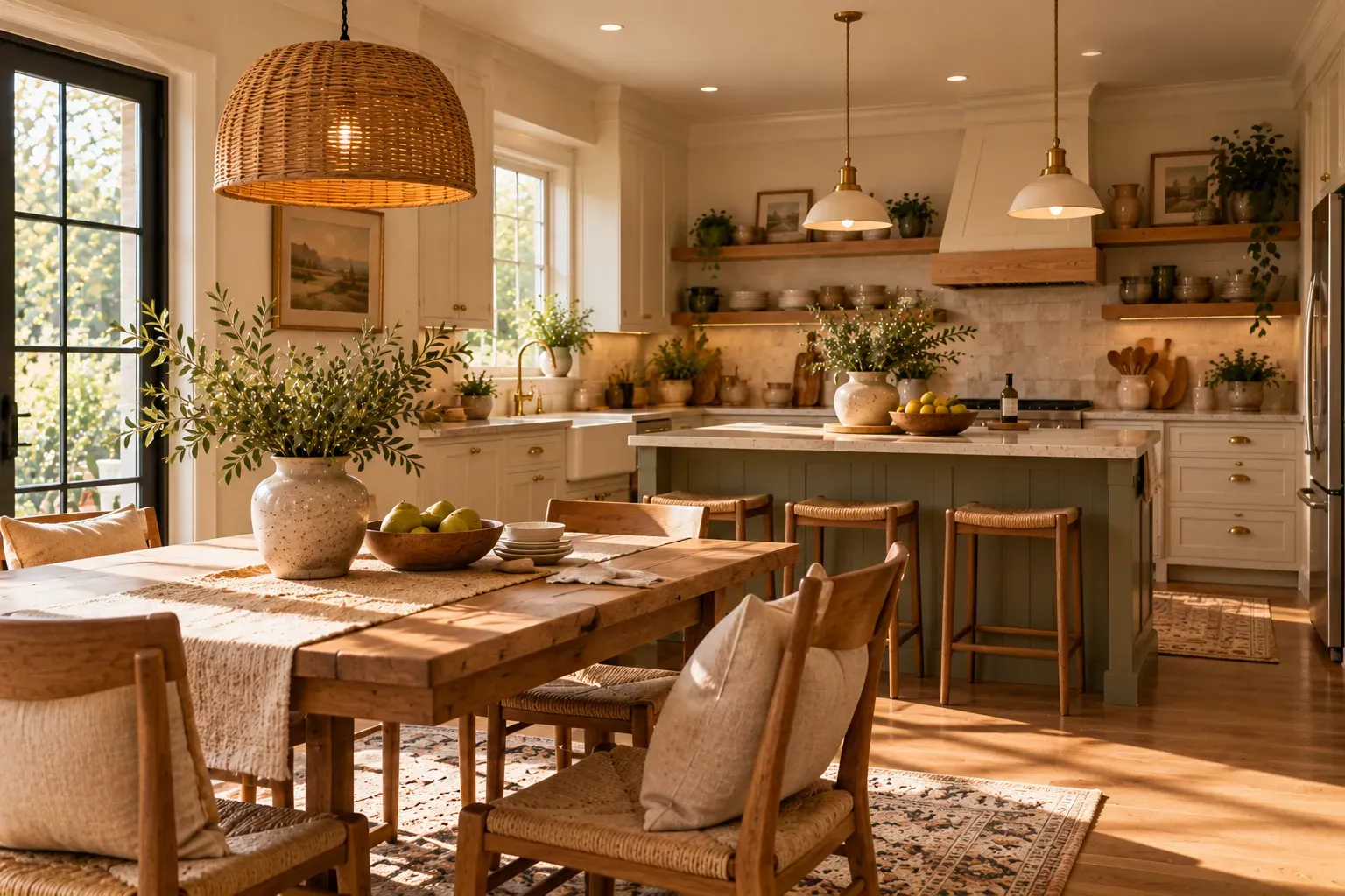 Cozy kitchen with cream kitchen walls and natural daylight in a lived-in home