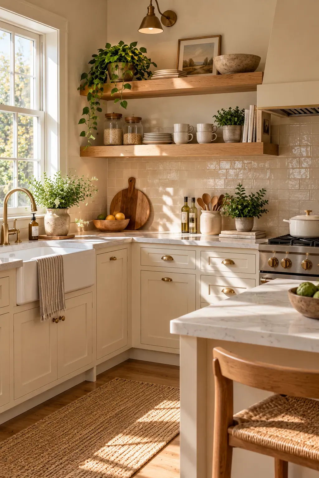 Cozy kitchen with floating oak shelves and natural daylight in a lived-in home