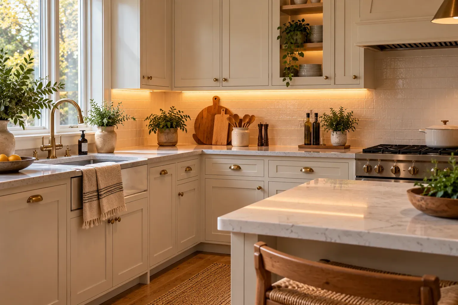Cozy kitchen with warm undercabinet LED and natural daylight in a lived-in home