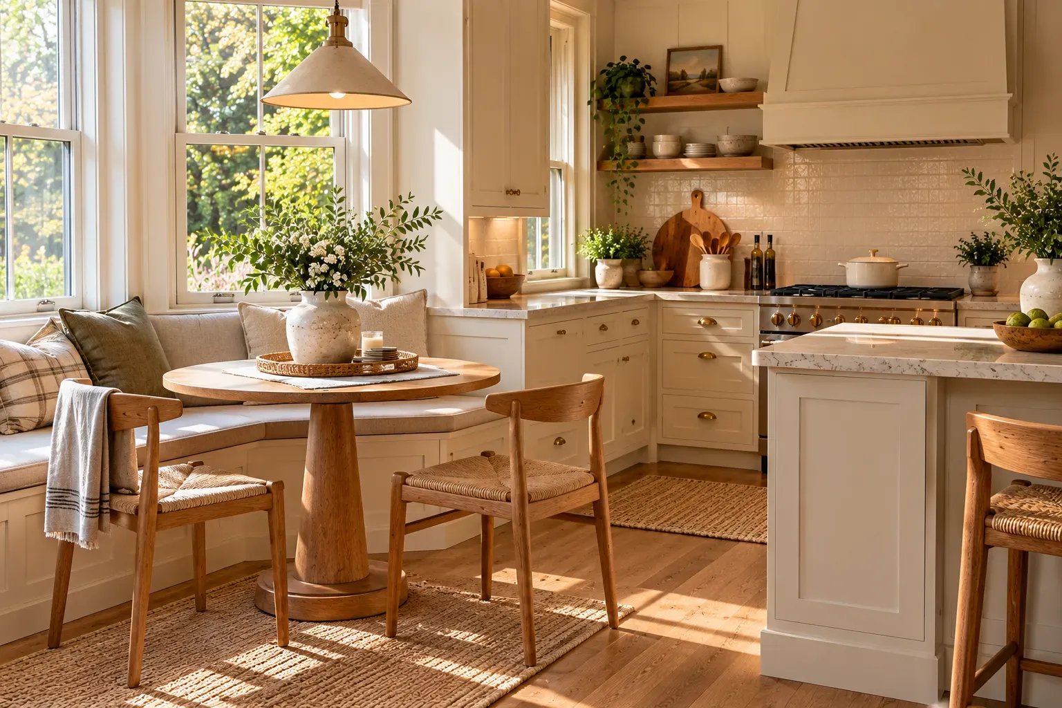 Cozy kitchen with round bistro table and natural daylight in a lived-in home