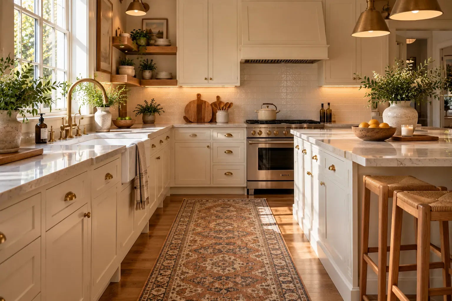 Cozy kitchen with vintage runner rug and natural daylight in a lived-in home