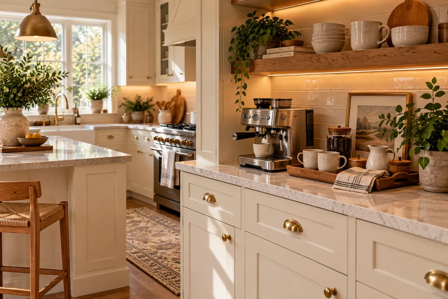 Cozy kitchen with espresso machine and natural daylight in a lived-in home