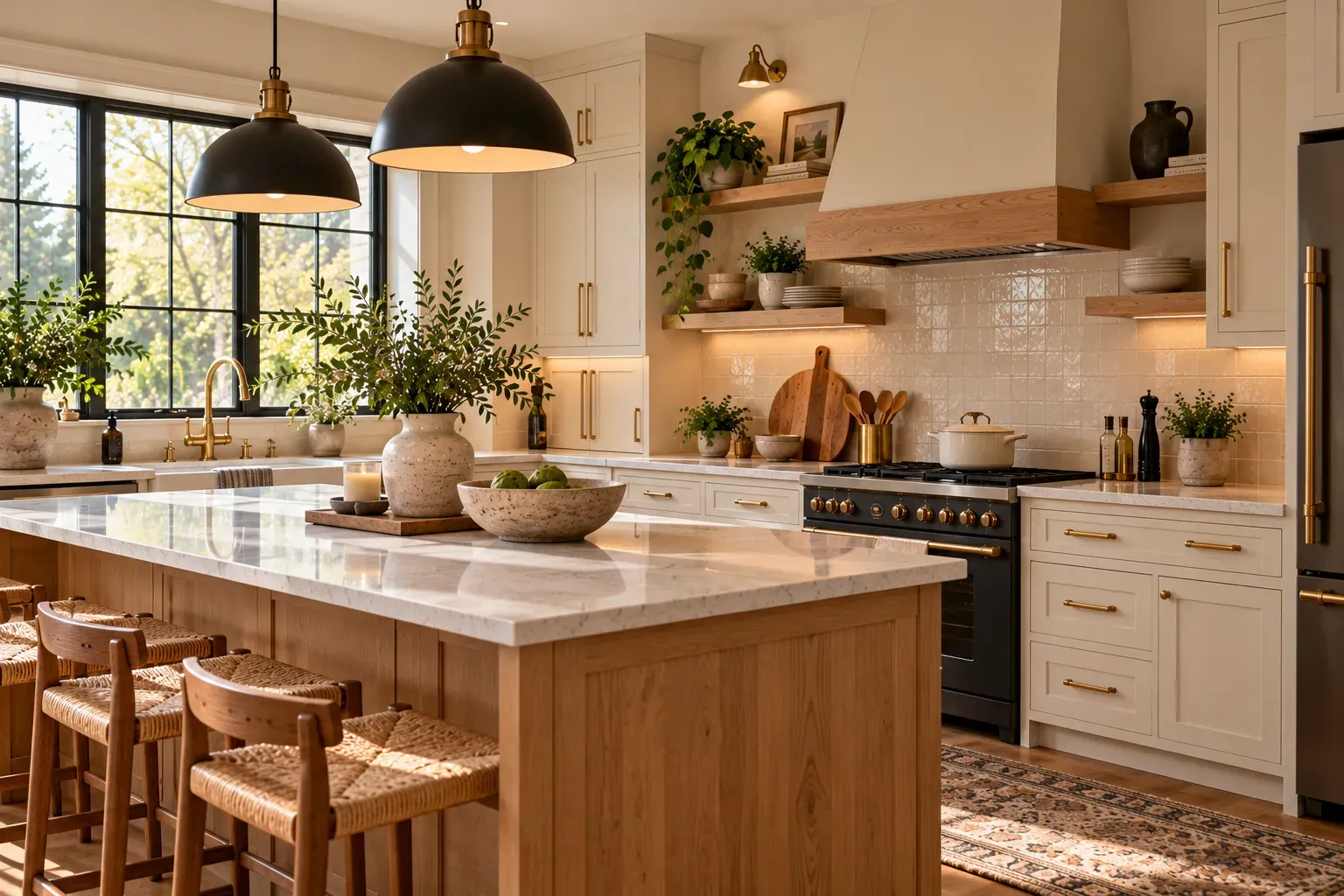 Cozy kitchen with brass cabinet handles and natural daylight in a lived-in home