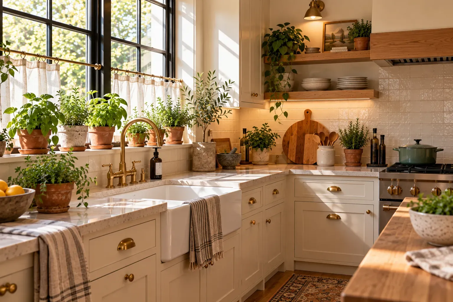 Cozy kitchen with potted basil and natural daylight in a lived-in home