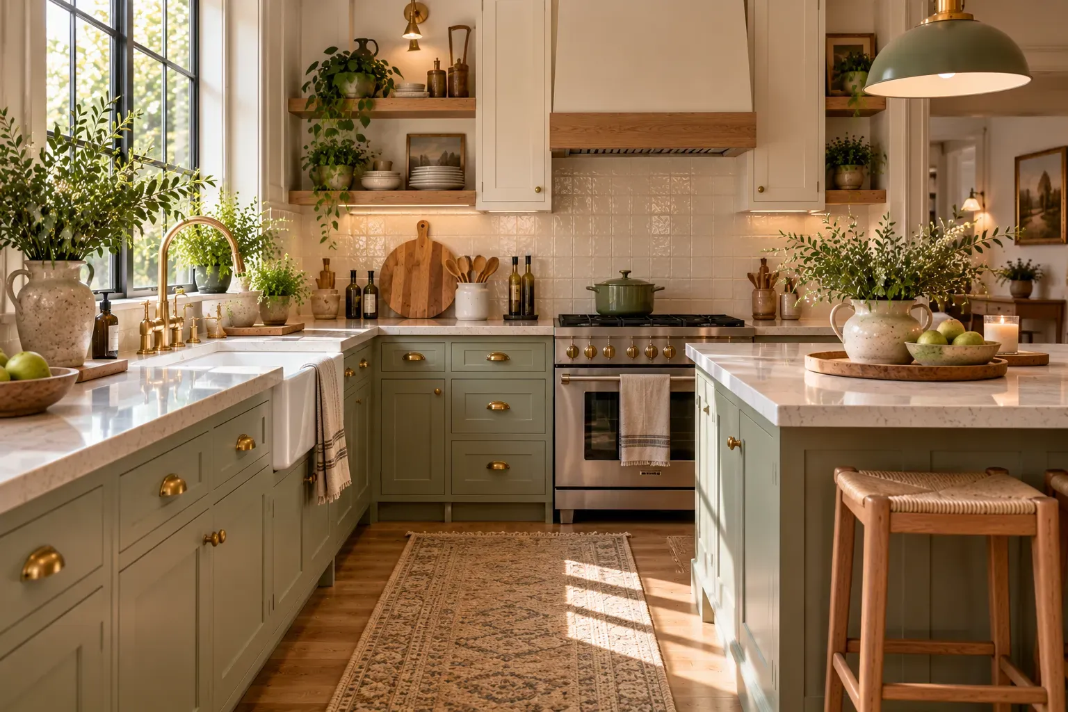 Cozy kitchen with sage lower cabinets and natural daylight in a lived-in home