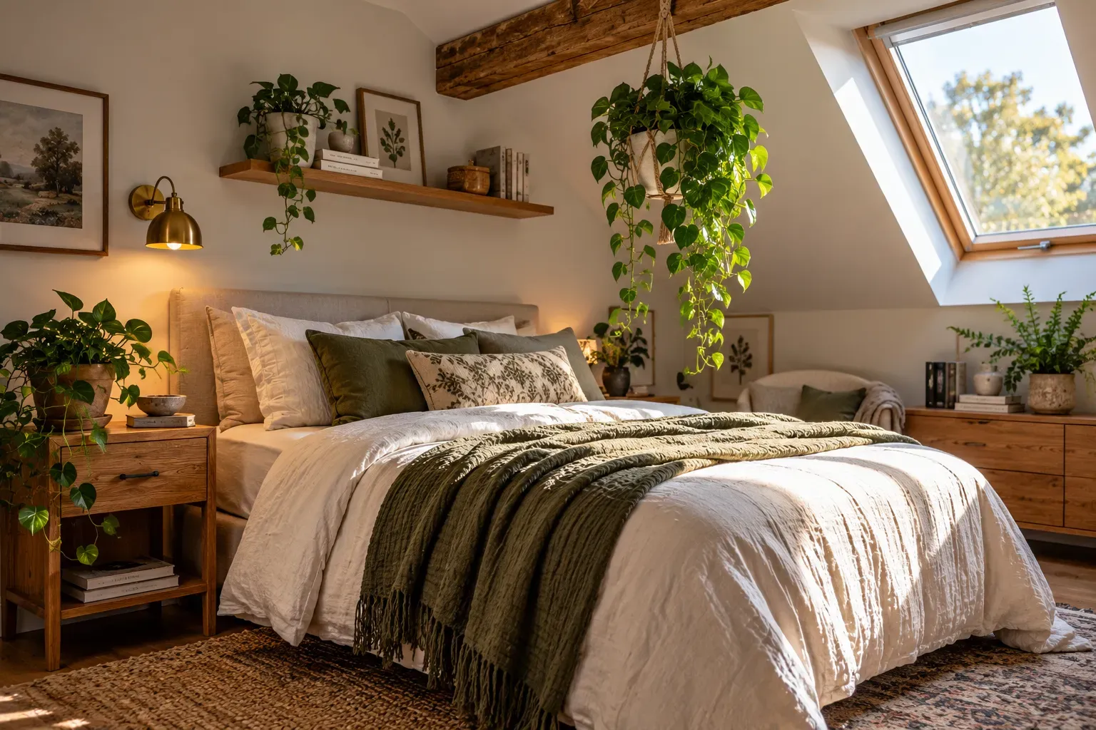 a Calm Bedroom with Hanging Pothos styled with natural foliage and practical bedroom furnishings