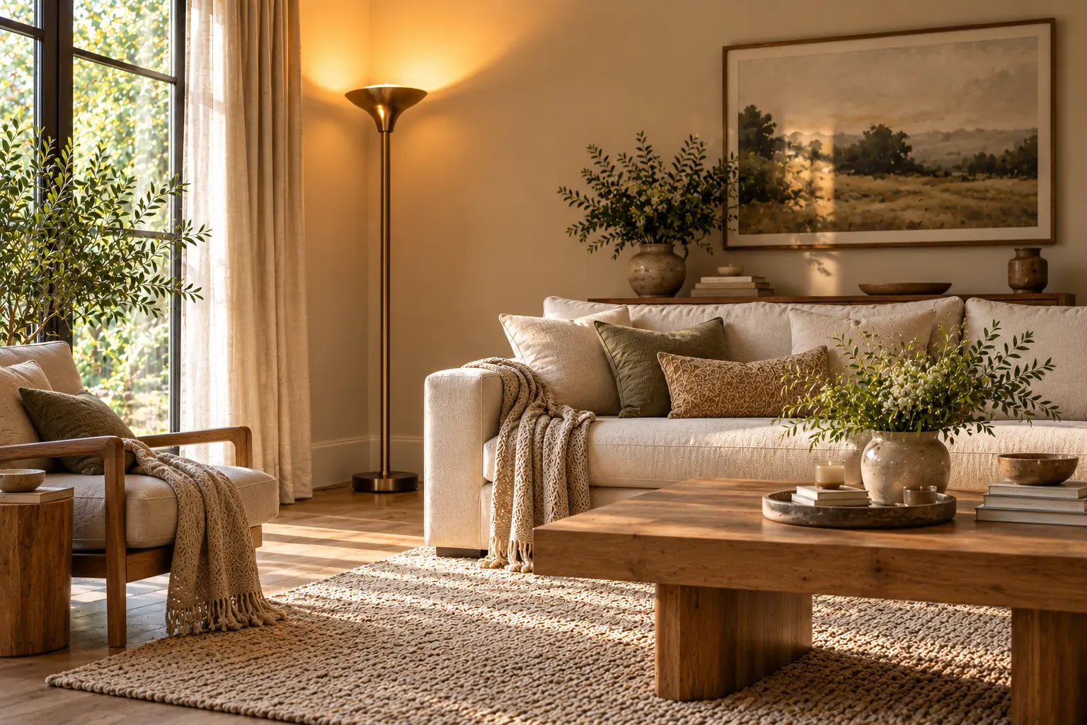 Simple uplighter floor lamp glowing against ceiling in a welcoming, naturally lit contemporary residential living