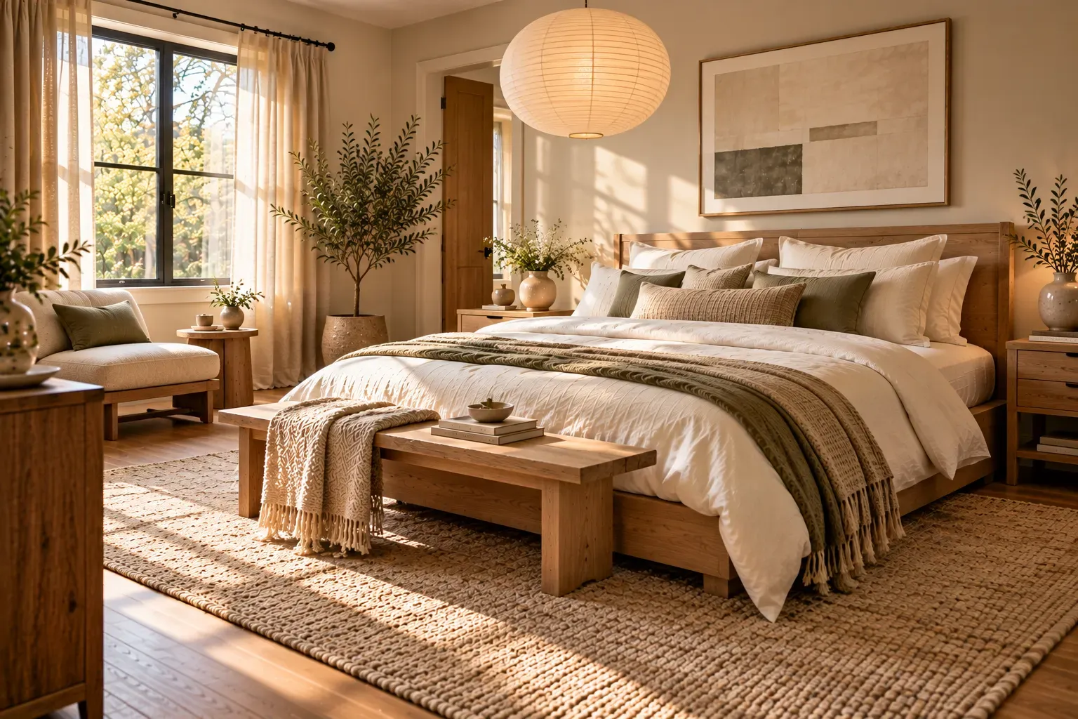 Warm residential bedroom featuring light oak bed and paper pendant shade, stoneware vase, low lounge