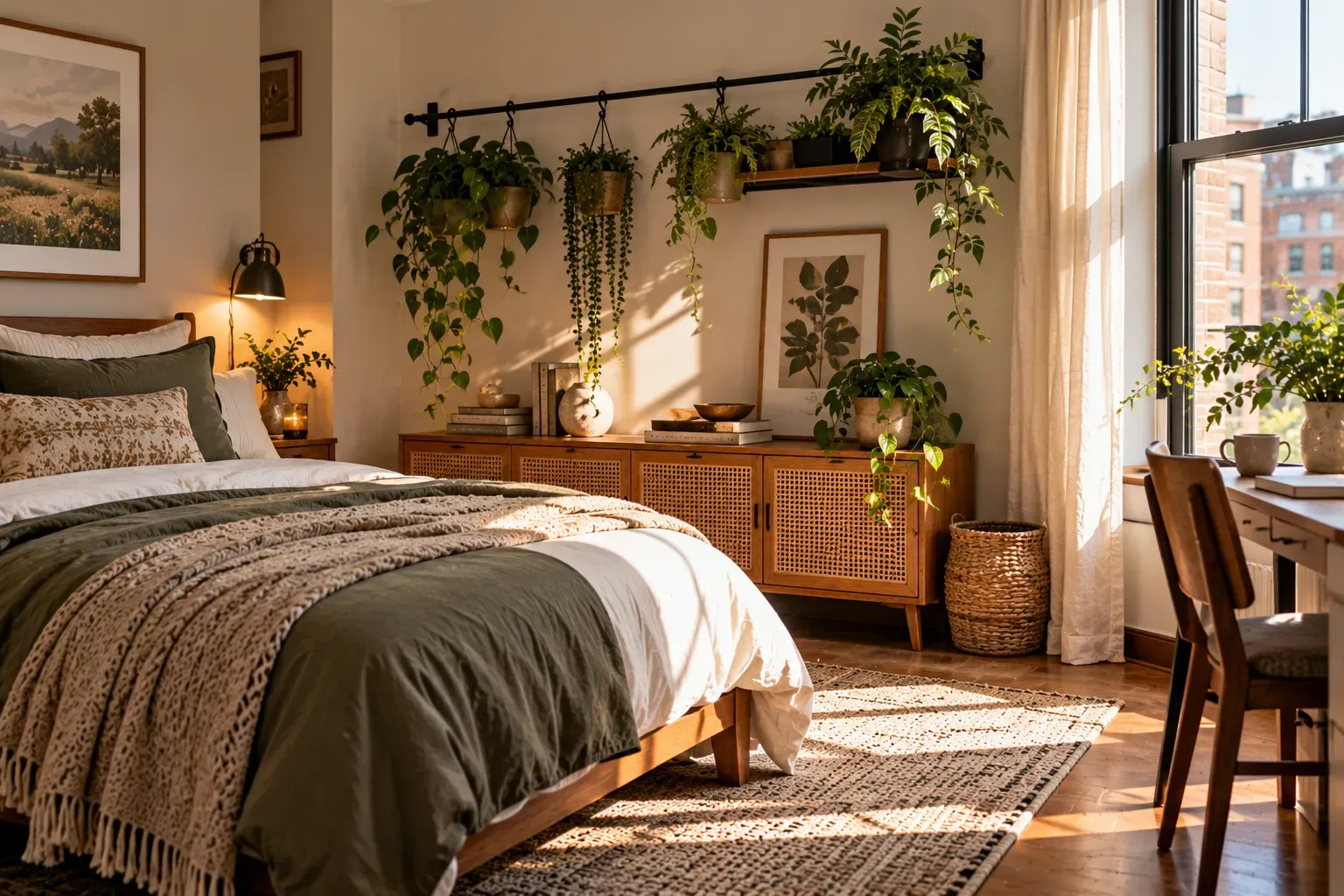 a Small-Space Vertical Green Wall styled with natural foliage and practical bedroom furnishings
