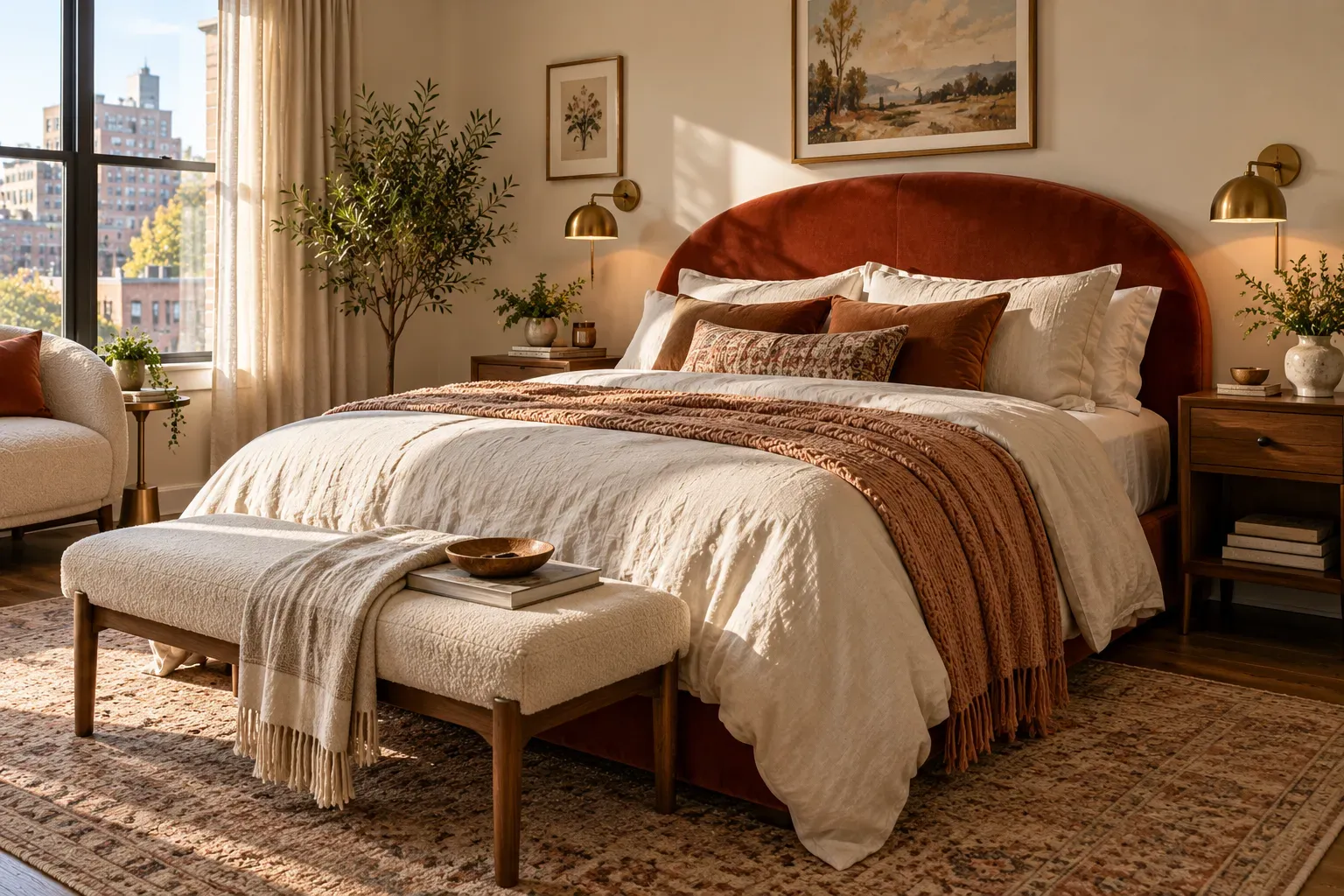Realistic master bedroom showing create a statement headboard with comfortable furnishings and natural daylight