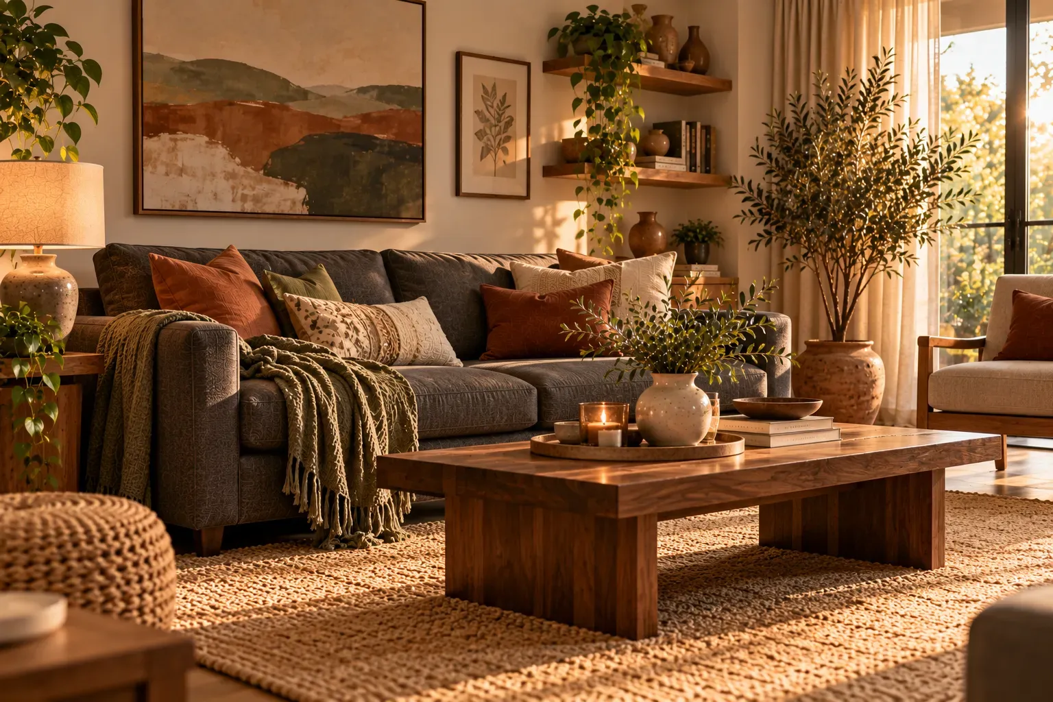 Charcoal grey sofa decorated with terracotta pillows olive textiles and wooden furniture