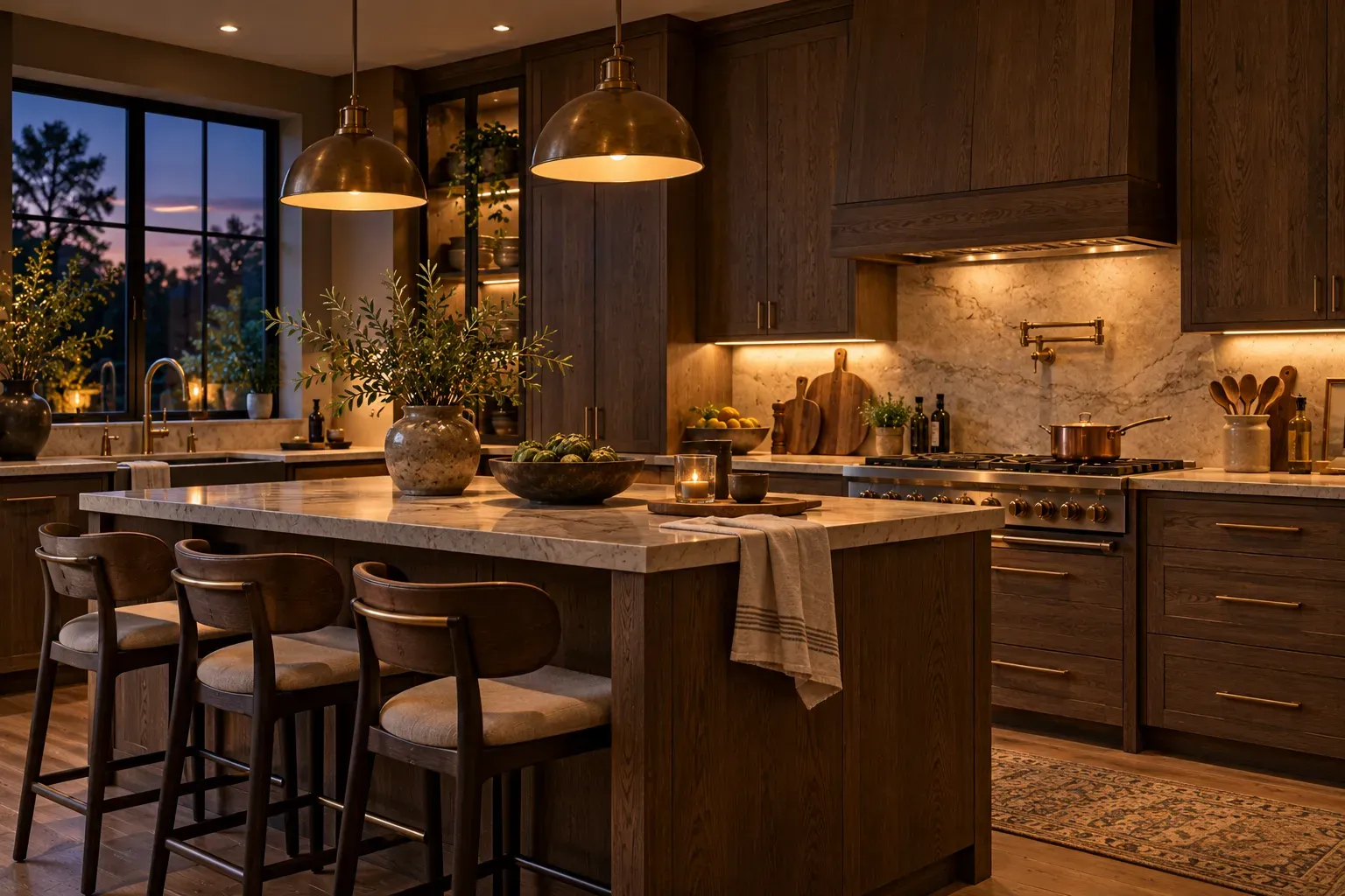 Dark stained wood cabinetry illuminated by layered warm kitchen lighting