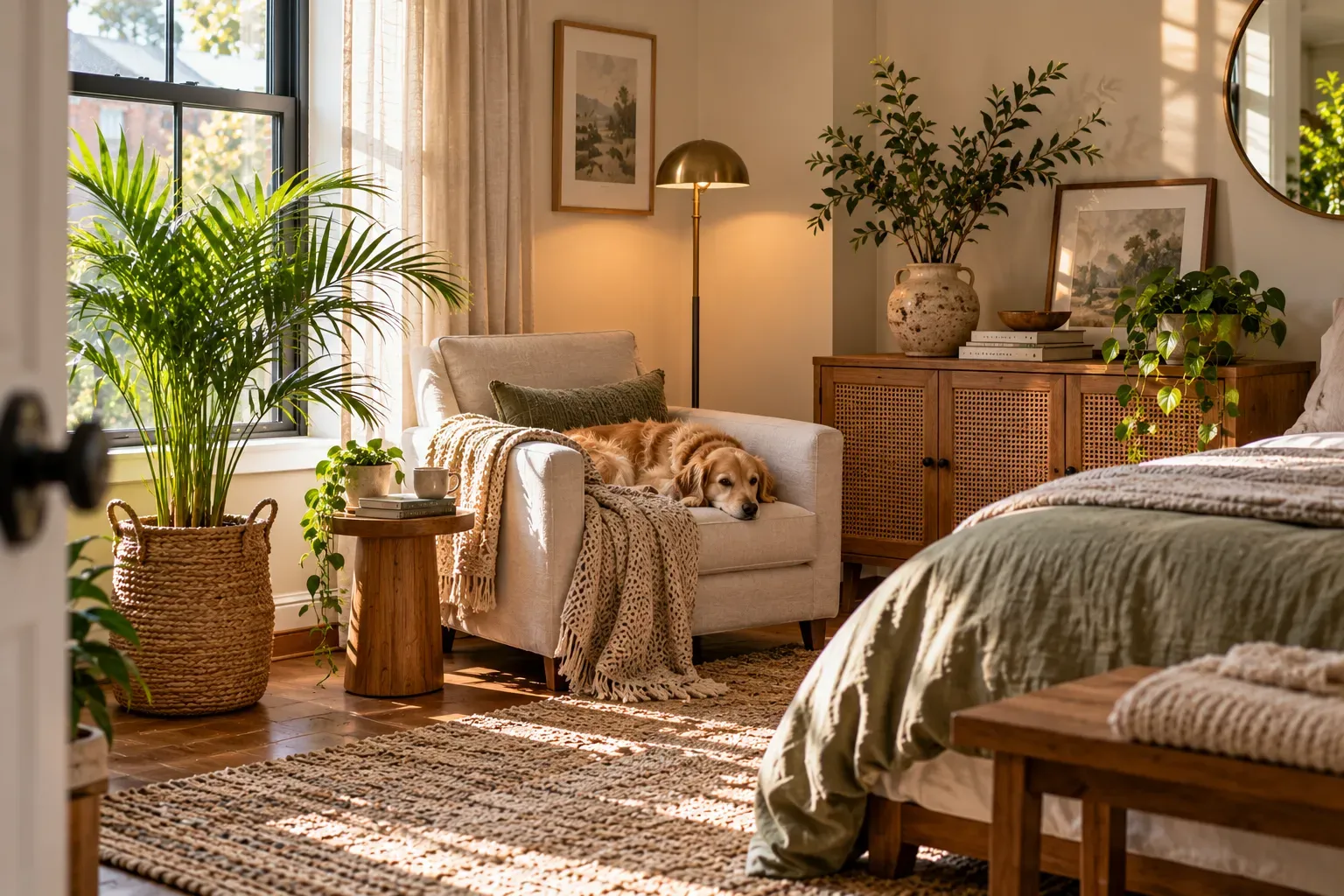 Decorate with a Pet-Safer Parlor Palm styled with natural foliage and practical bedroom furnishings