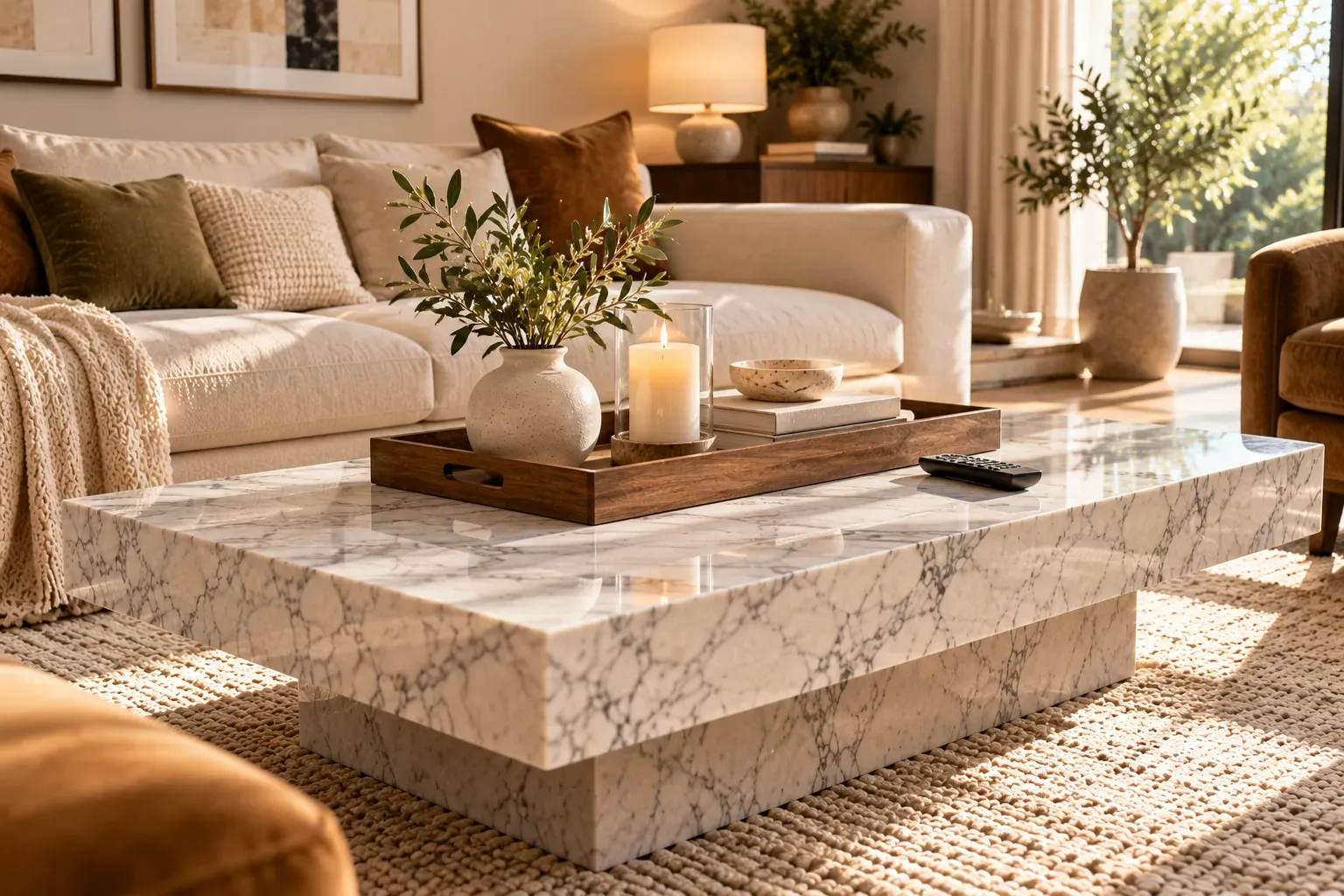 Modern marble coffee table organized with wooden tray, pillar candle, and small ceramic accessories