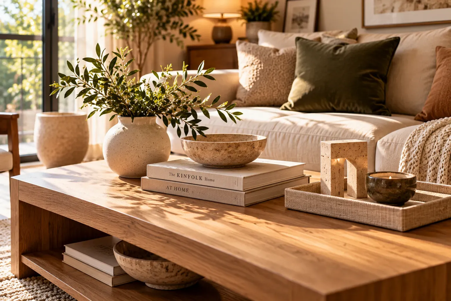 Elegant small living room featuring subtle wall molding, cream sofa, and brass accents