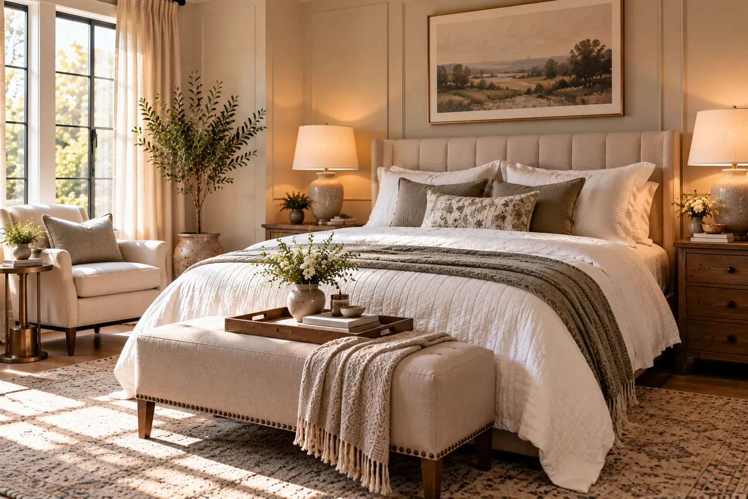 Realistic master bedroom showing design a hotel-inspired bed with comfortable furnishings and natural daylight