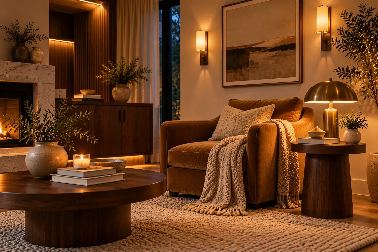 Sophisticated evening lounge with dimmed wall lights and an inviting golden glow