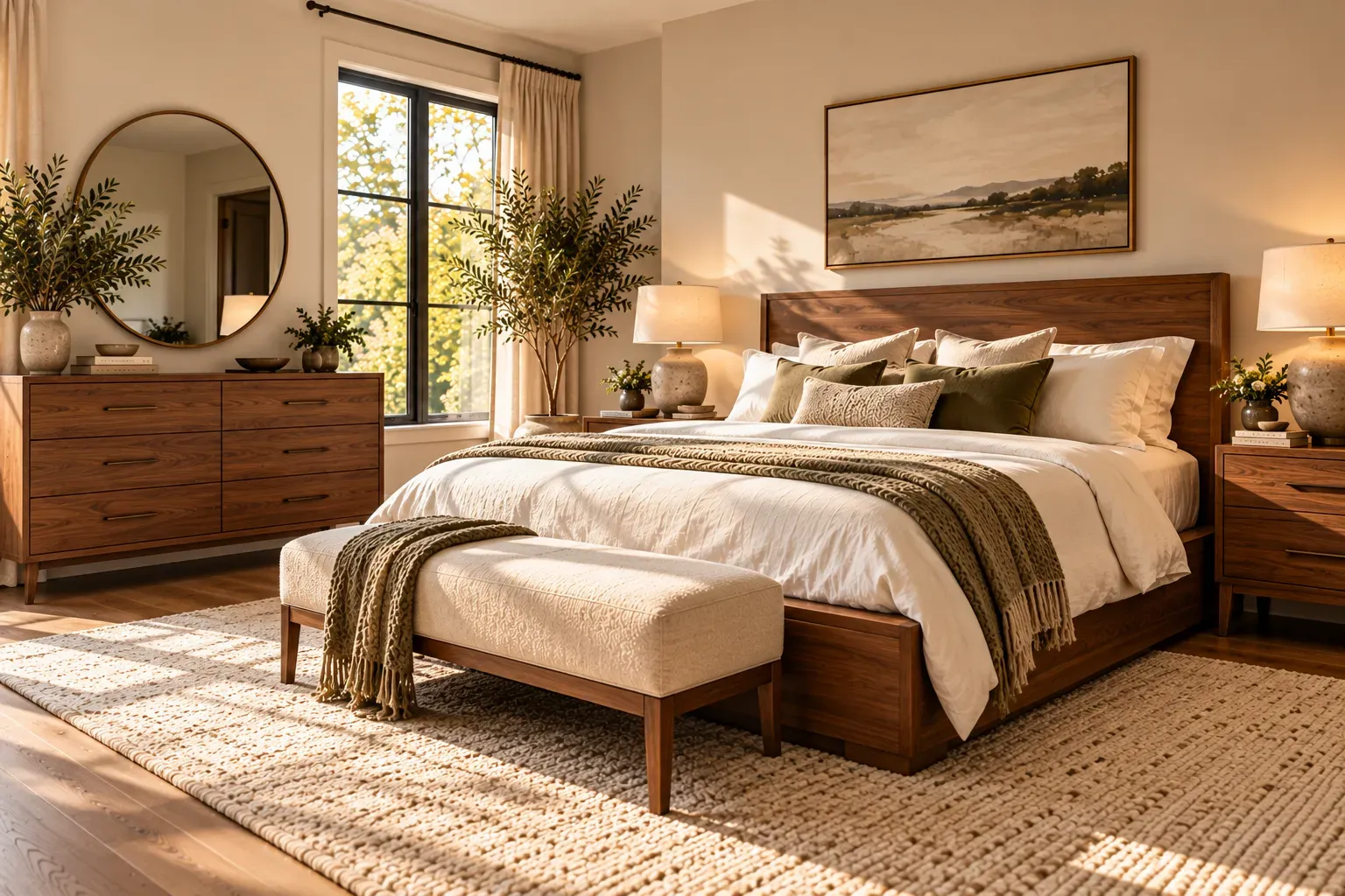 Elegant walnut bedroom furniture set with storage bed and matching dresser
