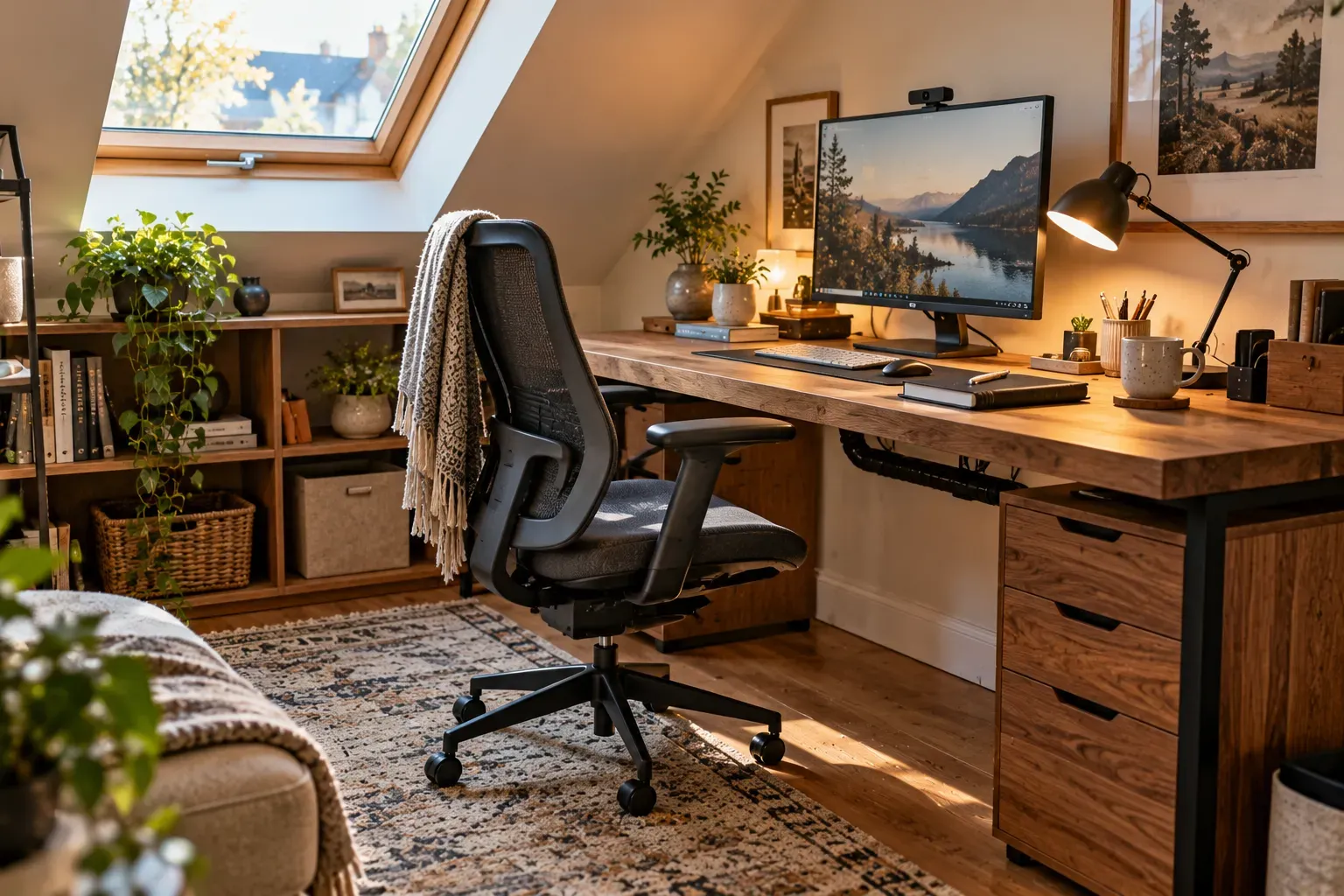 Functional home office with supportive chair and organized wood desk near daylight