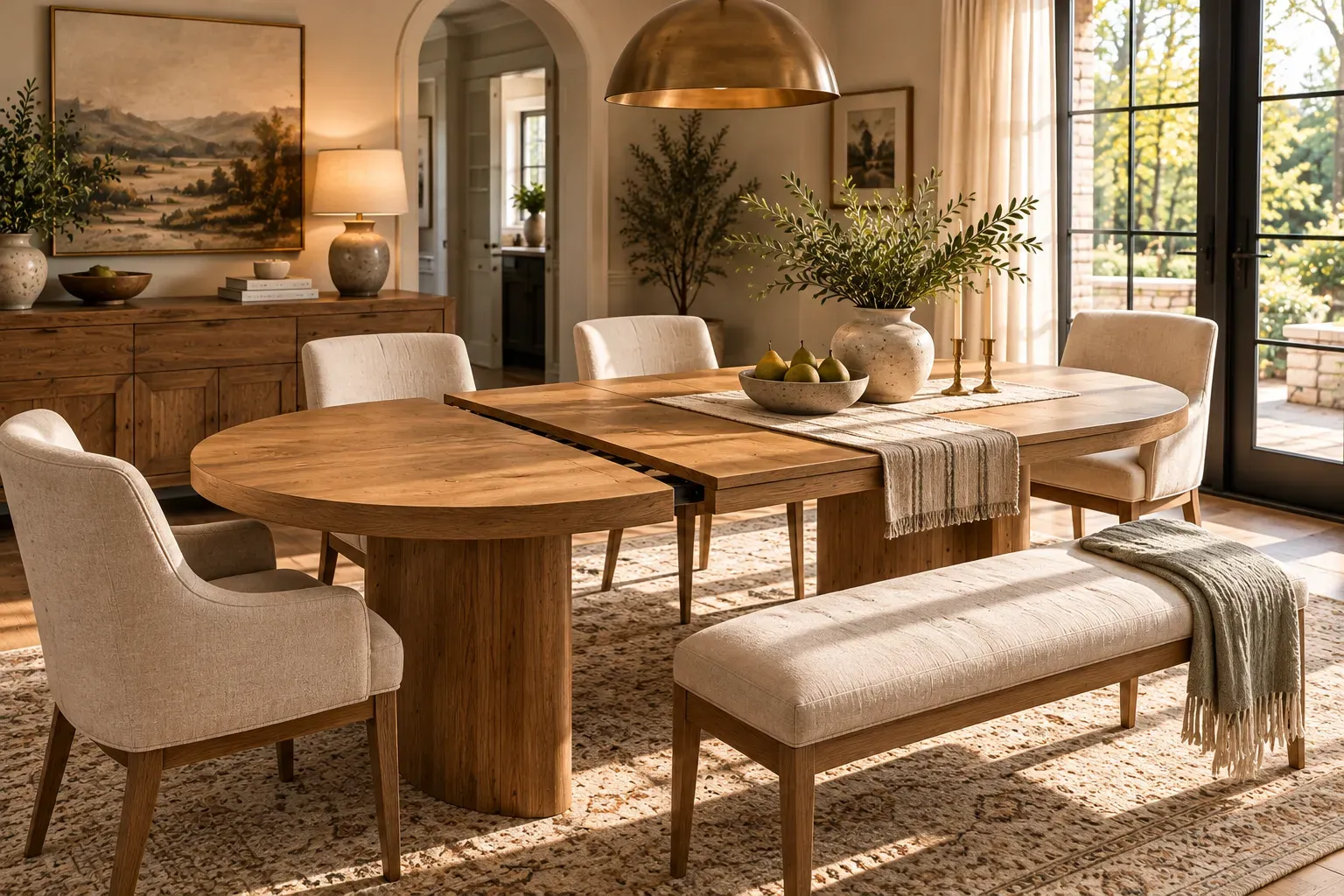 Choose a More Flexible Dining Table featuring carefully selected furniture, authentic textures and soft residential lighting