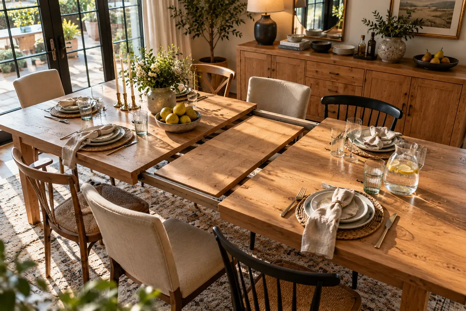 Partially extended wooden dining table ready for guests in a bright dining room