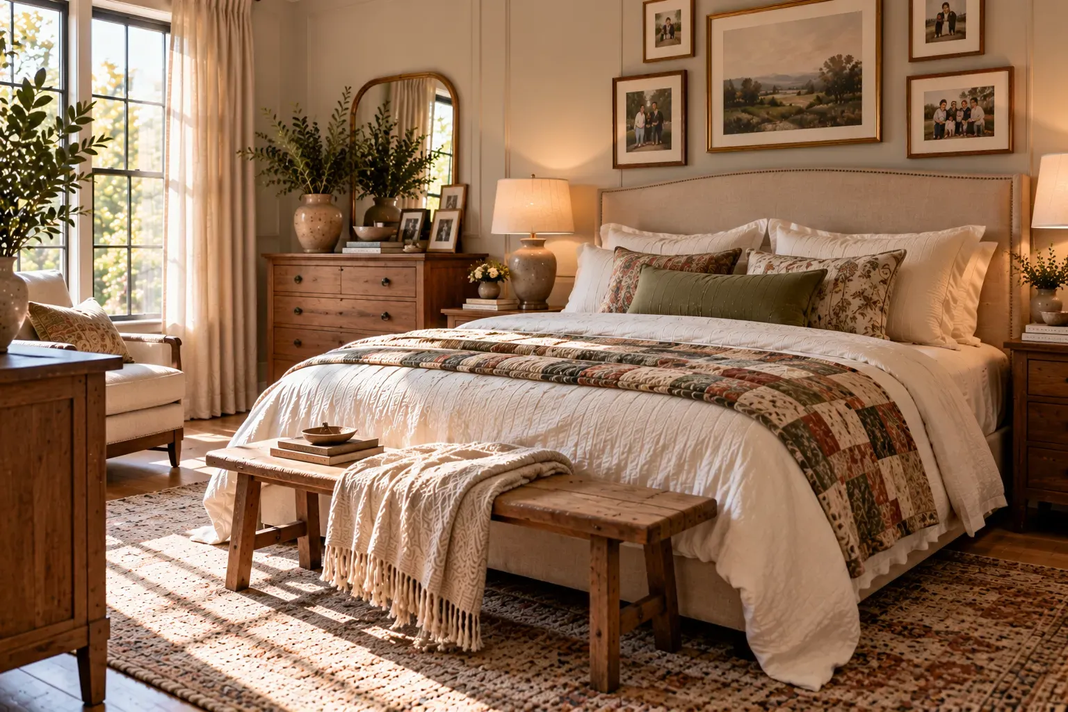 Realistic master bedroom showing finish with personal details with comfortable furnishings and natural daylight