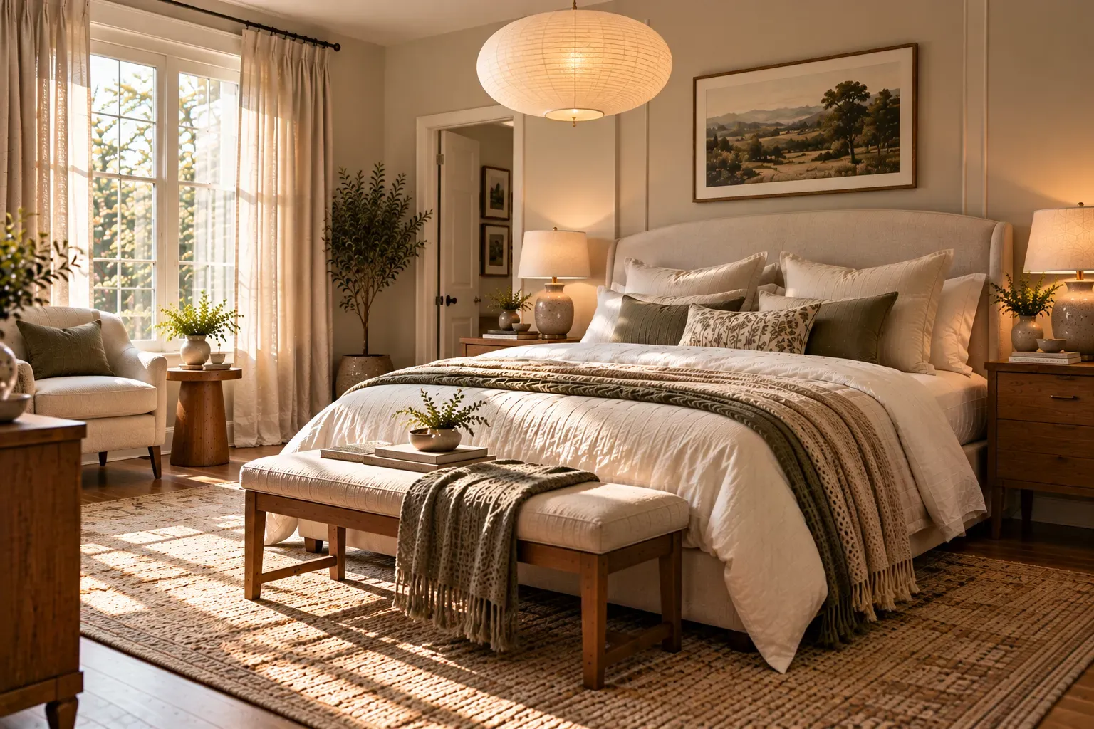 Warm residential bedroom featuring bedside lamp and diffused pendant, upholstered bed, linen curtains in natural