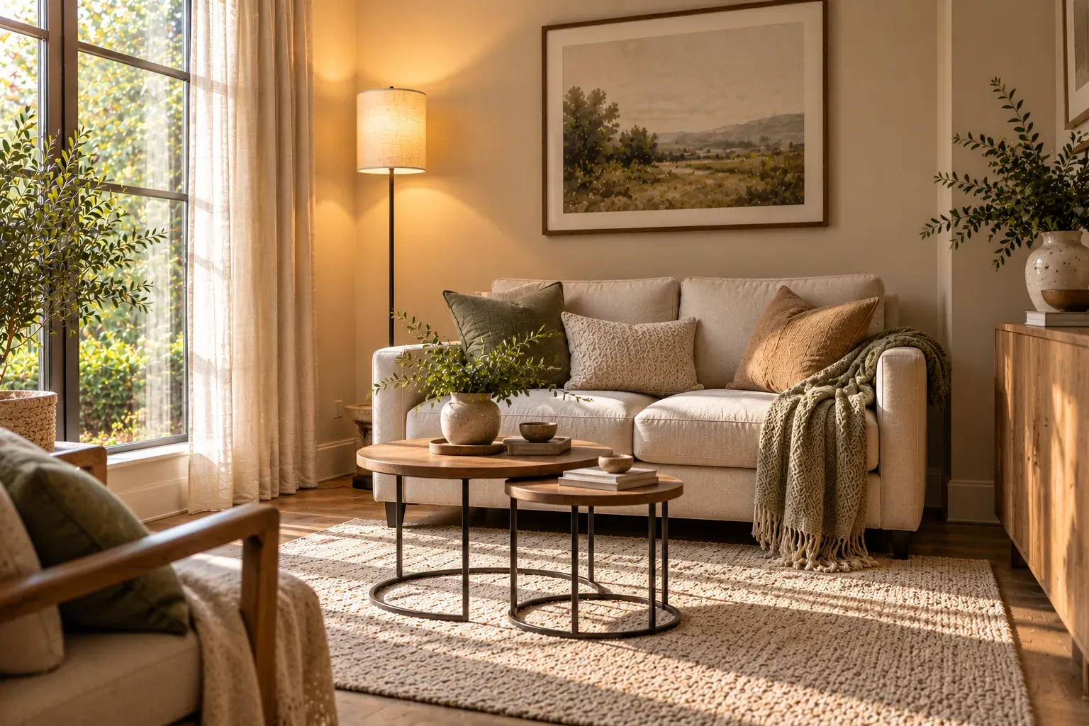 Compact narrow floor lamp behind small sofa in a welcoming, naturally lit contemporary residential living