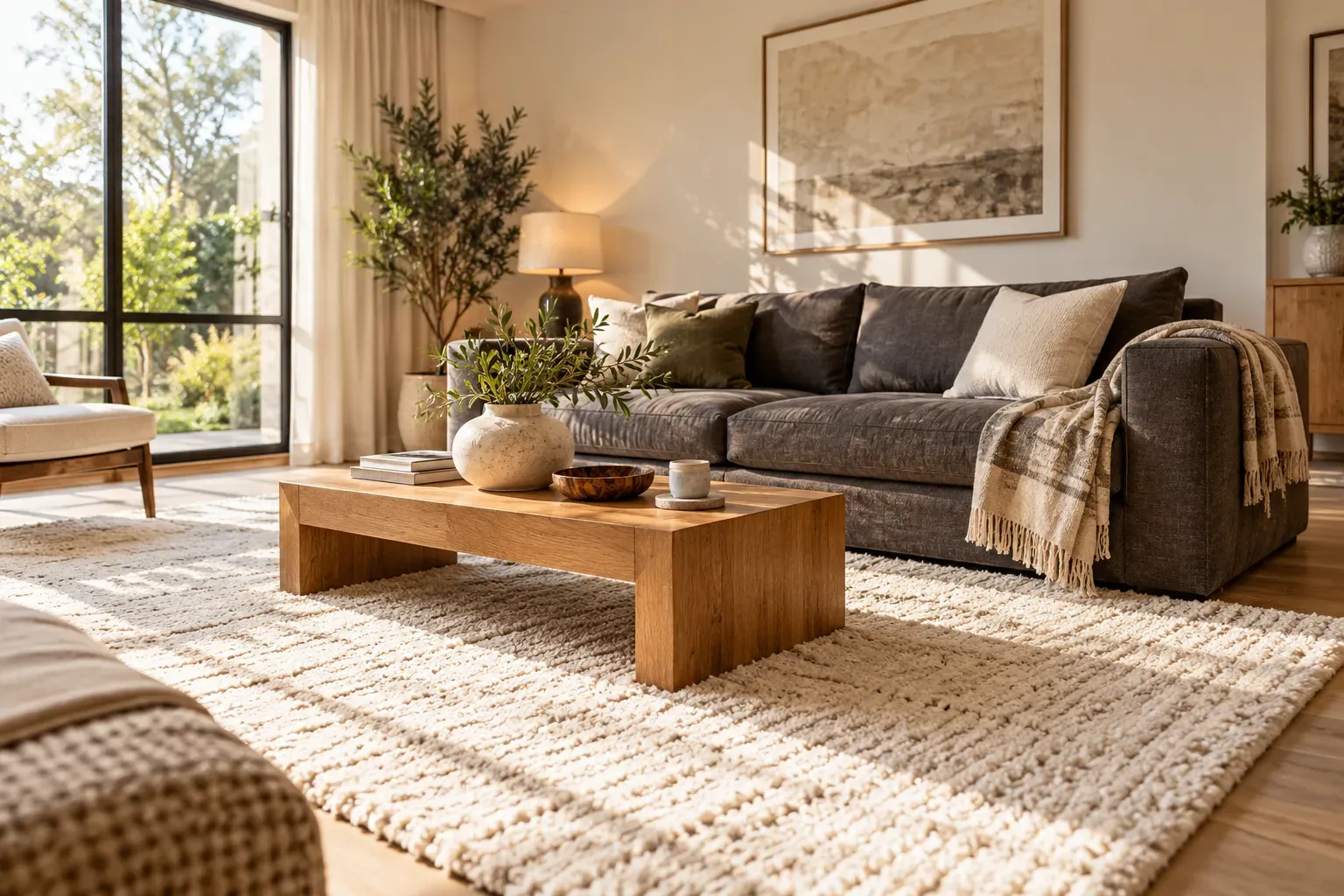 Bright small living room featuring ceiling-height linen curtains and elegant neutral furnishings