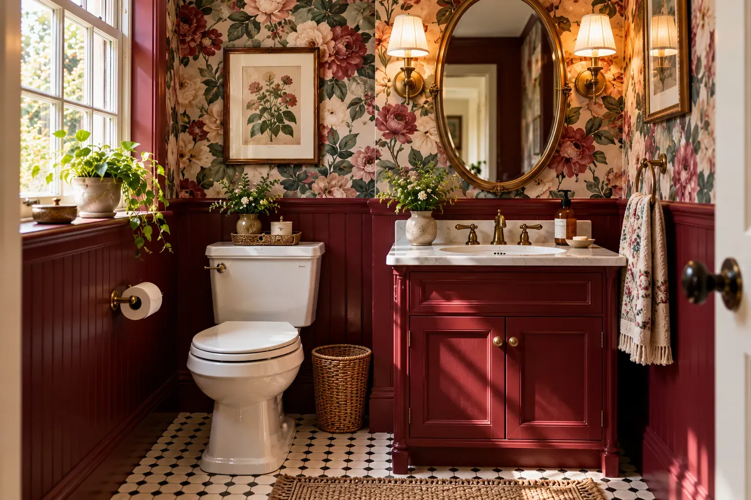 Retro bathroom with bold floral wallpaper in a powder room and practical vintage inspired fixtures