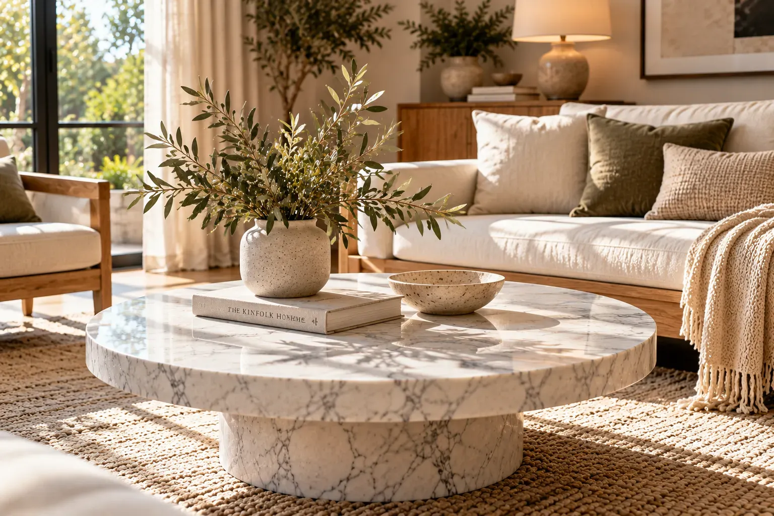 White marble coffee table with a small ceramic planter of fresh greenery as a natural minimalist living room accent