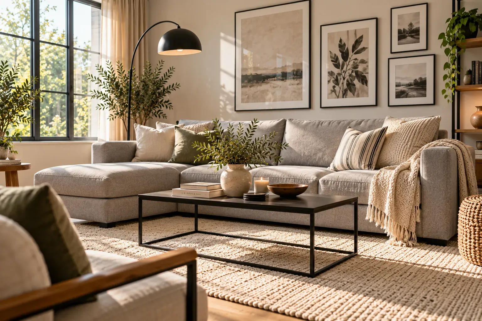 Light grey couch complemented by matte black lighting frames and contemporary furniture