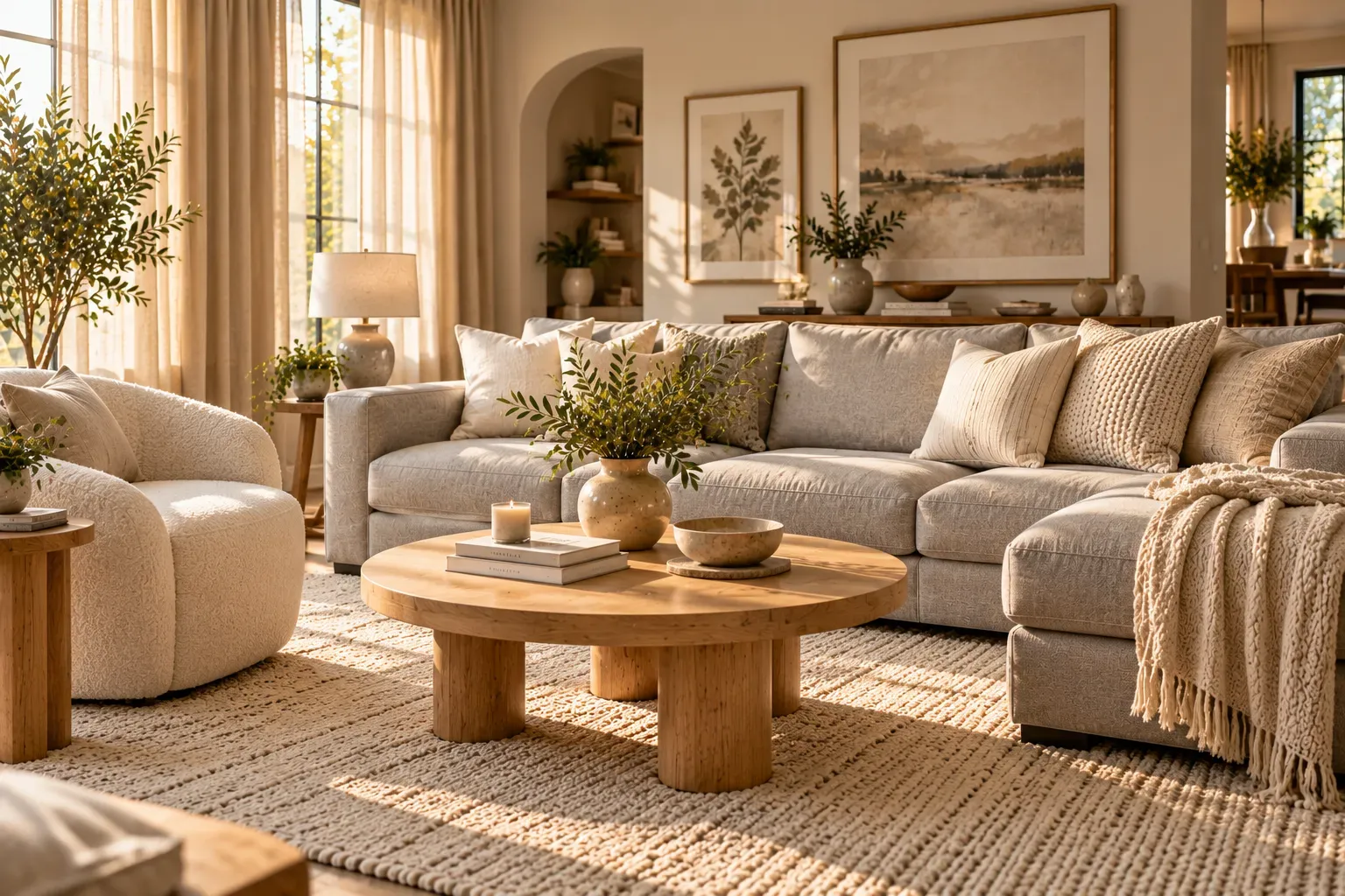 Light grey couch surrounded by beige curtains cream cushions and neutral furniture