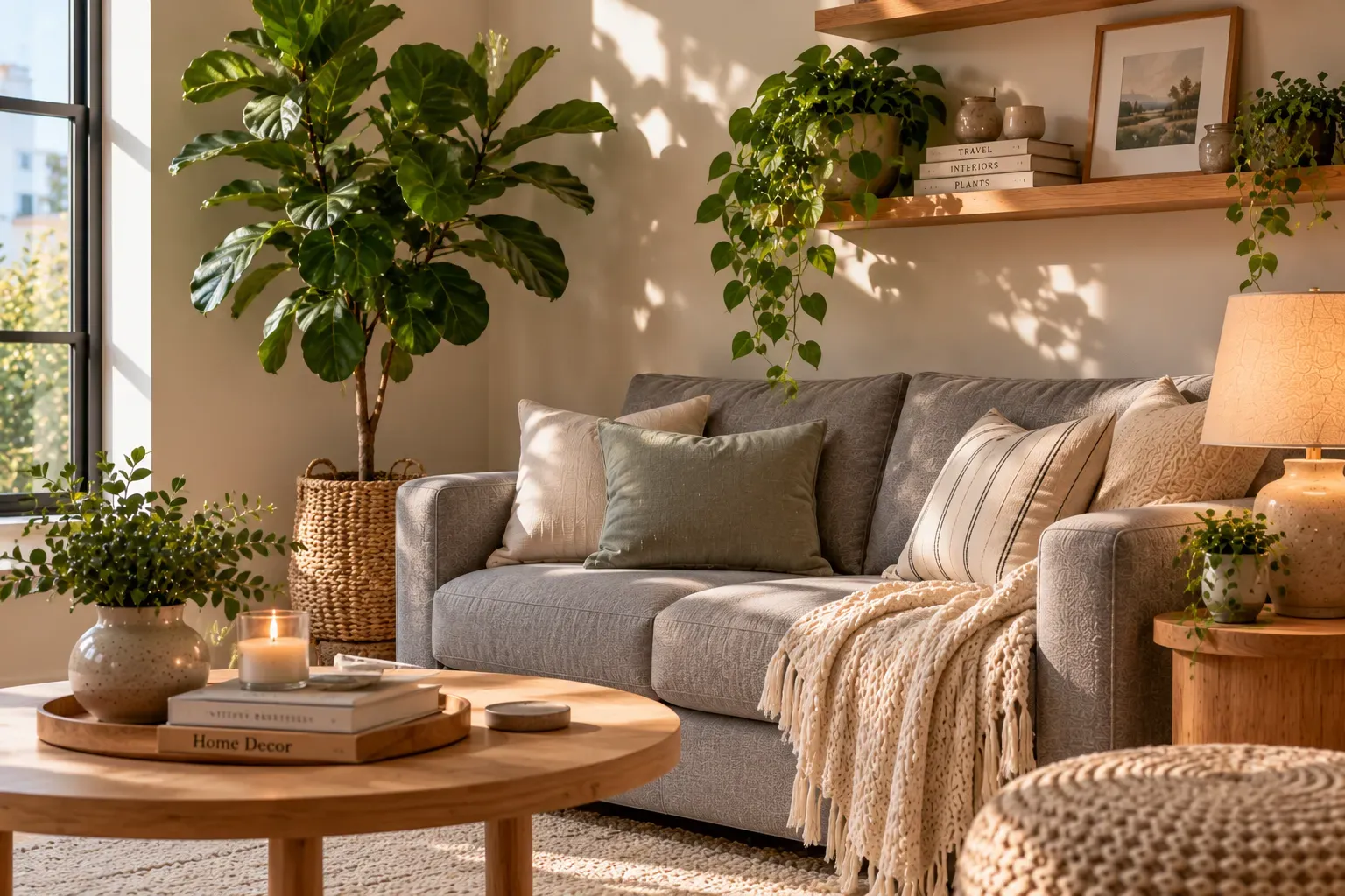 Grey sofa next to leafy indoor plants and warm natural wood accents